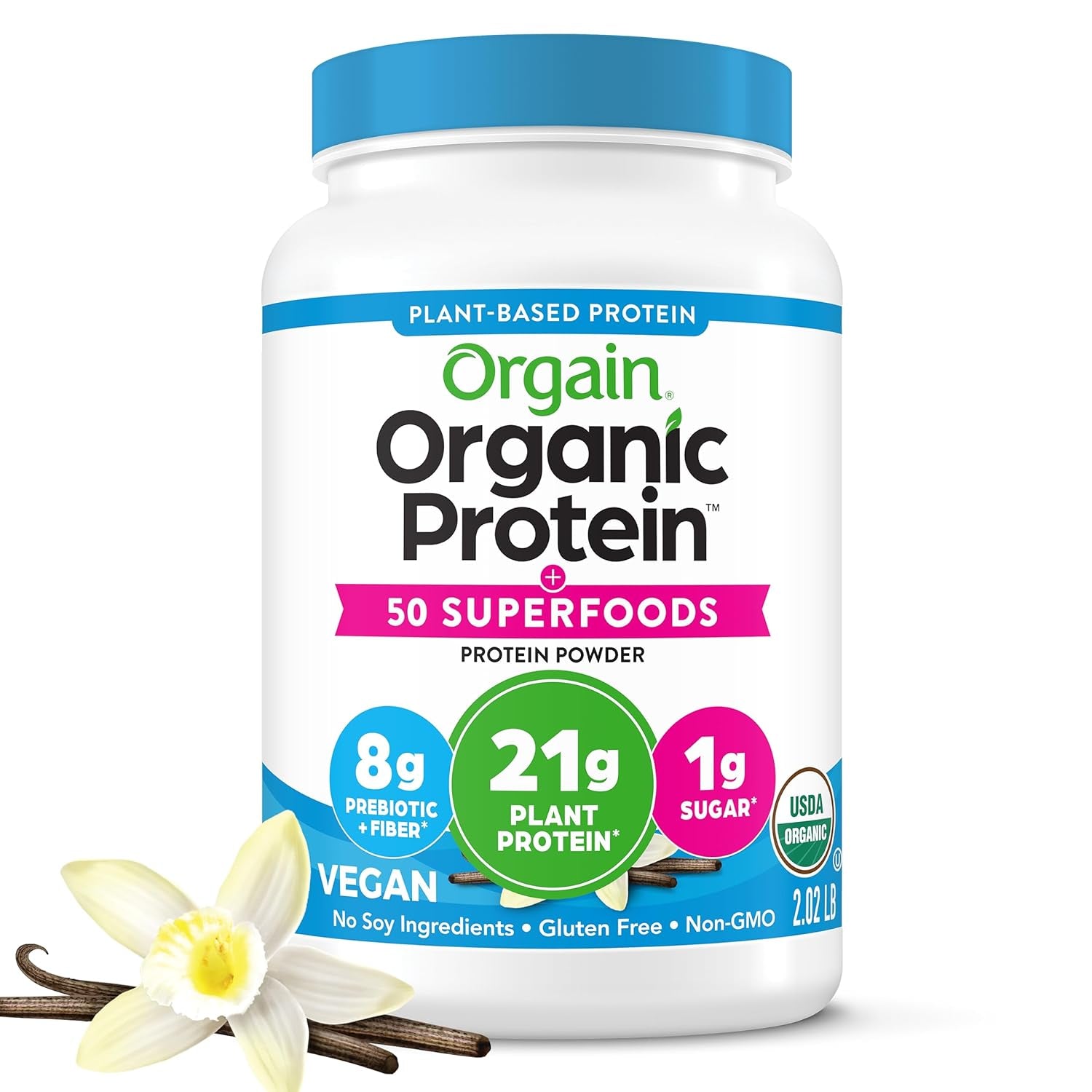 Organic Vegan Protein + 50 Superfoods Powder, Vanilla Bean - 21G Plant Based Protein, 8G Prebiotic Fiber, No Lactose Ingredients, Gluten Free, No Added Sugar, Non-Gmo, 2.02 Lb