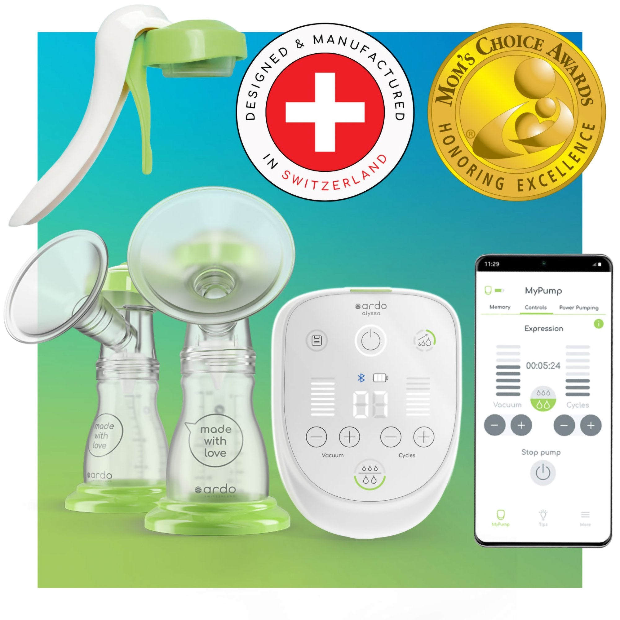 Double Electric Breast Pump with Manual Pump Handle Ardo Alyssa