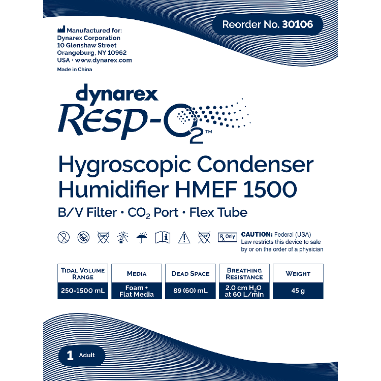 Dynarex 30106 Hygroscopic Condenser Humidifier (HMEF) 1500 BV Filter CO2