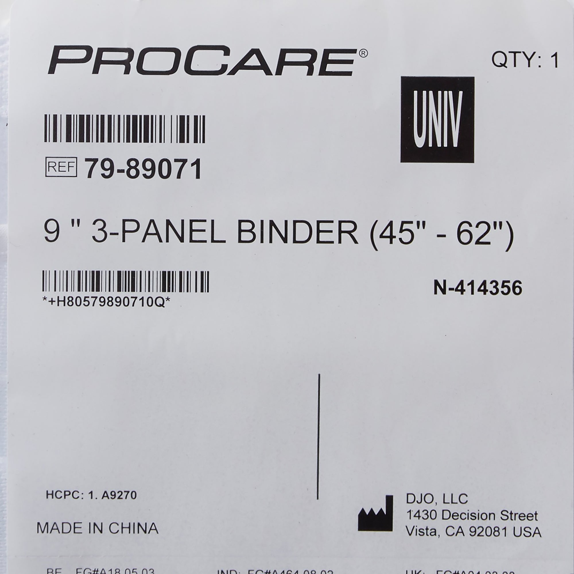 Abdominal Binder ProCare Premium One Size Fits Most Hook and Loop Closure 45 to 62 Inch Waist Circumference 9 Inch Height Adult, Packaging Type- Each
