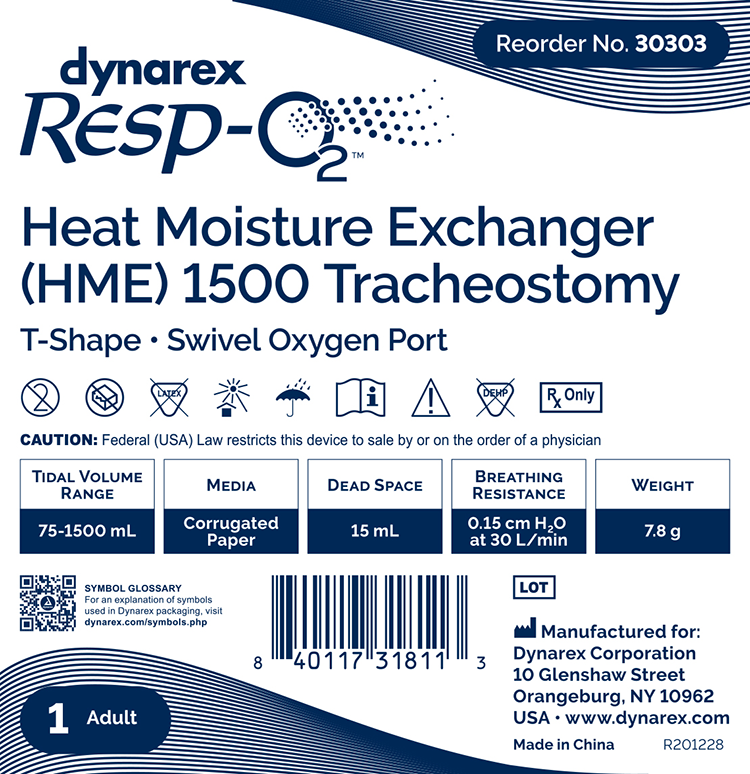 Dynarex 30303 Heat Moisture Exchanger (HME) 1500 Tracheostomy, T-Shape, Sw