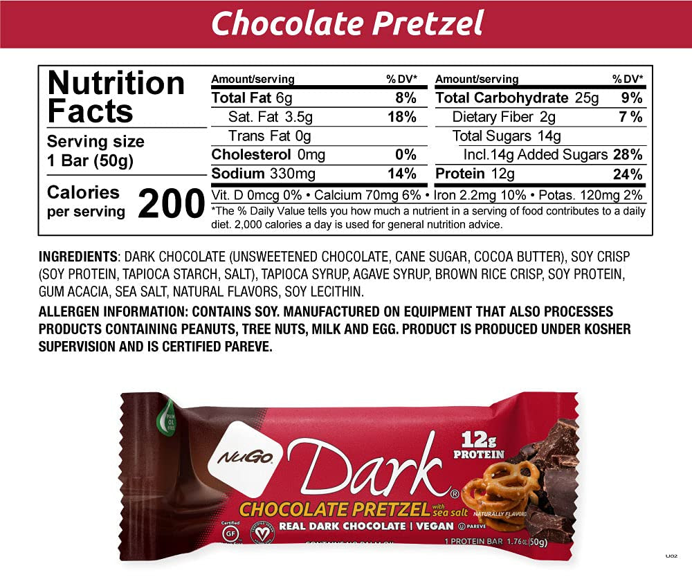 Dark Chocolate Pretzel and Sea Salt, 12G Protein Bar, Vegan, Gluten Free, Non-Gmo, Kosher Pareve, 24 Count