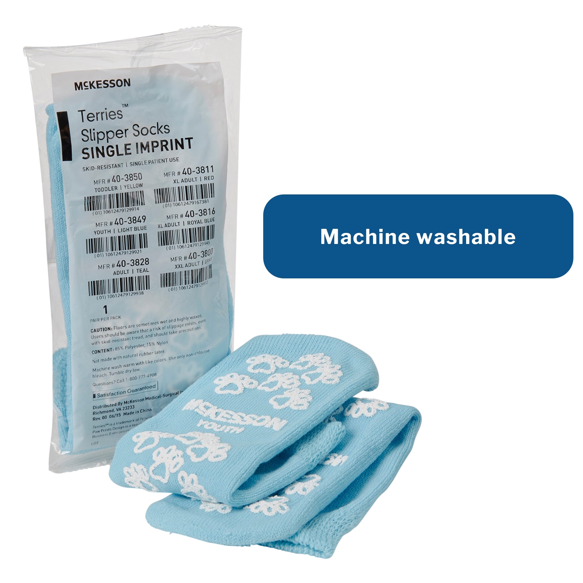 Slipper Socks McKesson Terries Unisex Child Single Tread Single Patient Use Light Blue, Packaging Type- Case