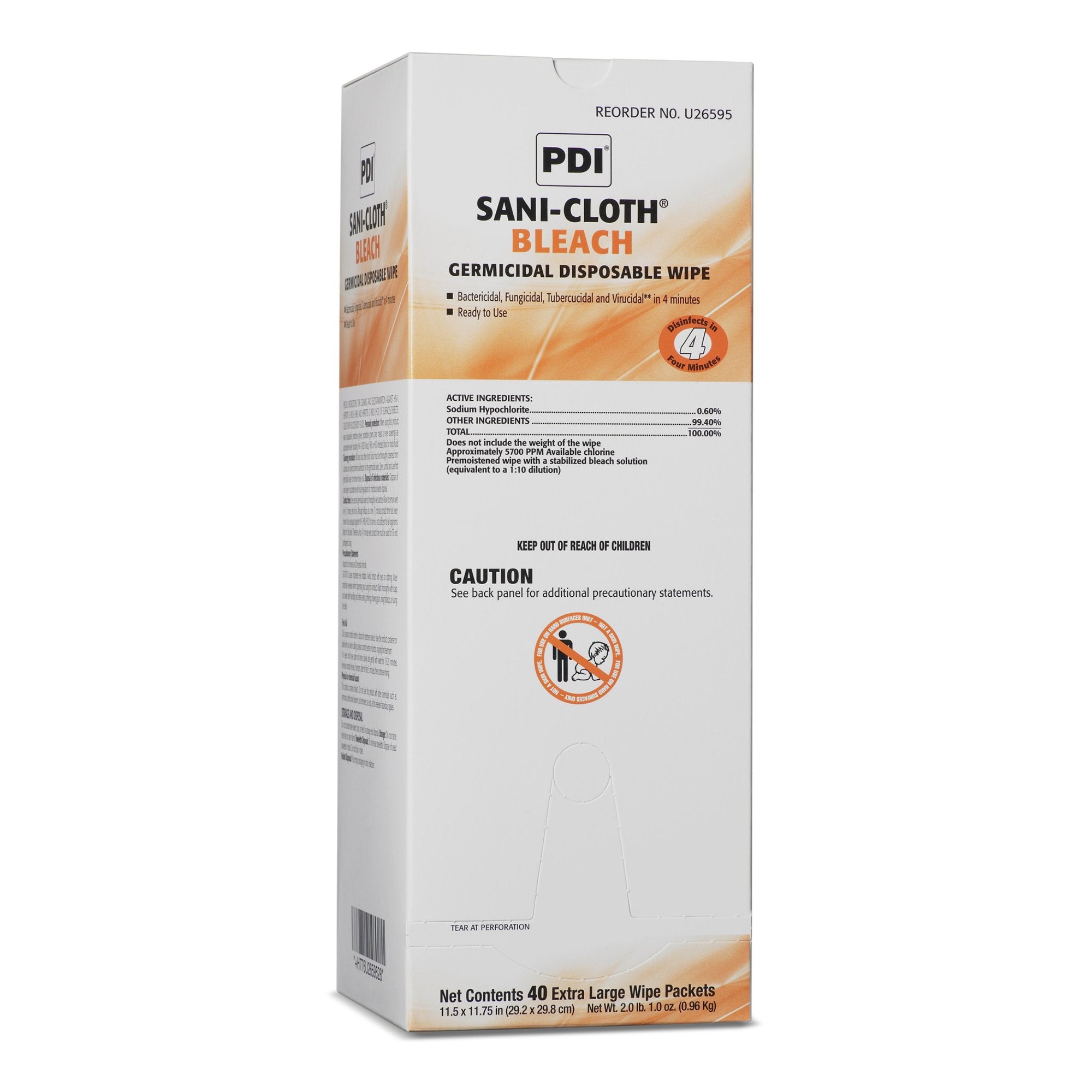 Sani-Cloth Bleach Surface Disinfectant Cleaner Premoistened Germicidal Manual Pull Wipe 40 Count Individual Packet Chlorine Scent NonSterile