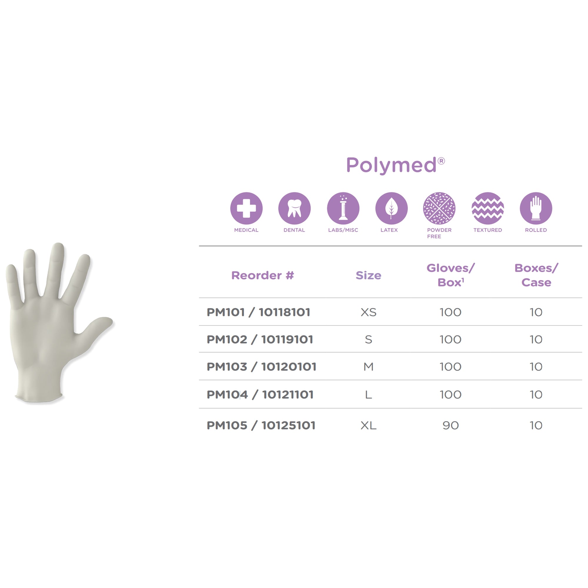 exam glove polymed large nonsterile latex standard cuff length fully textured ivory not rated packaging type case