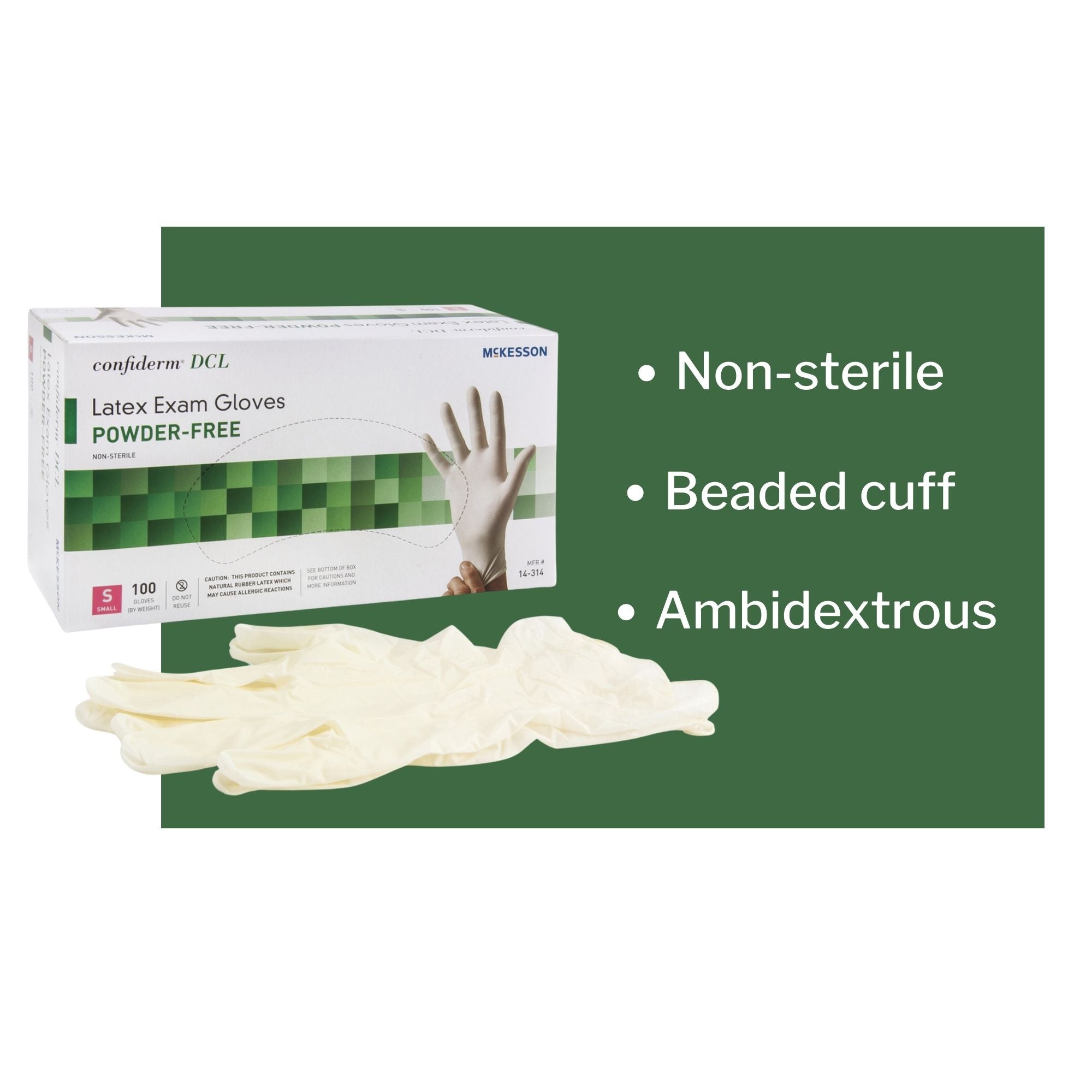 exam glove mckesson confiderm small nonsterile latex standard cuff length smooth ivory not rated packaging type box