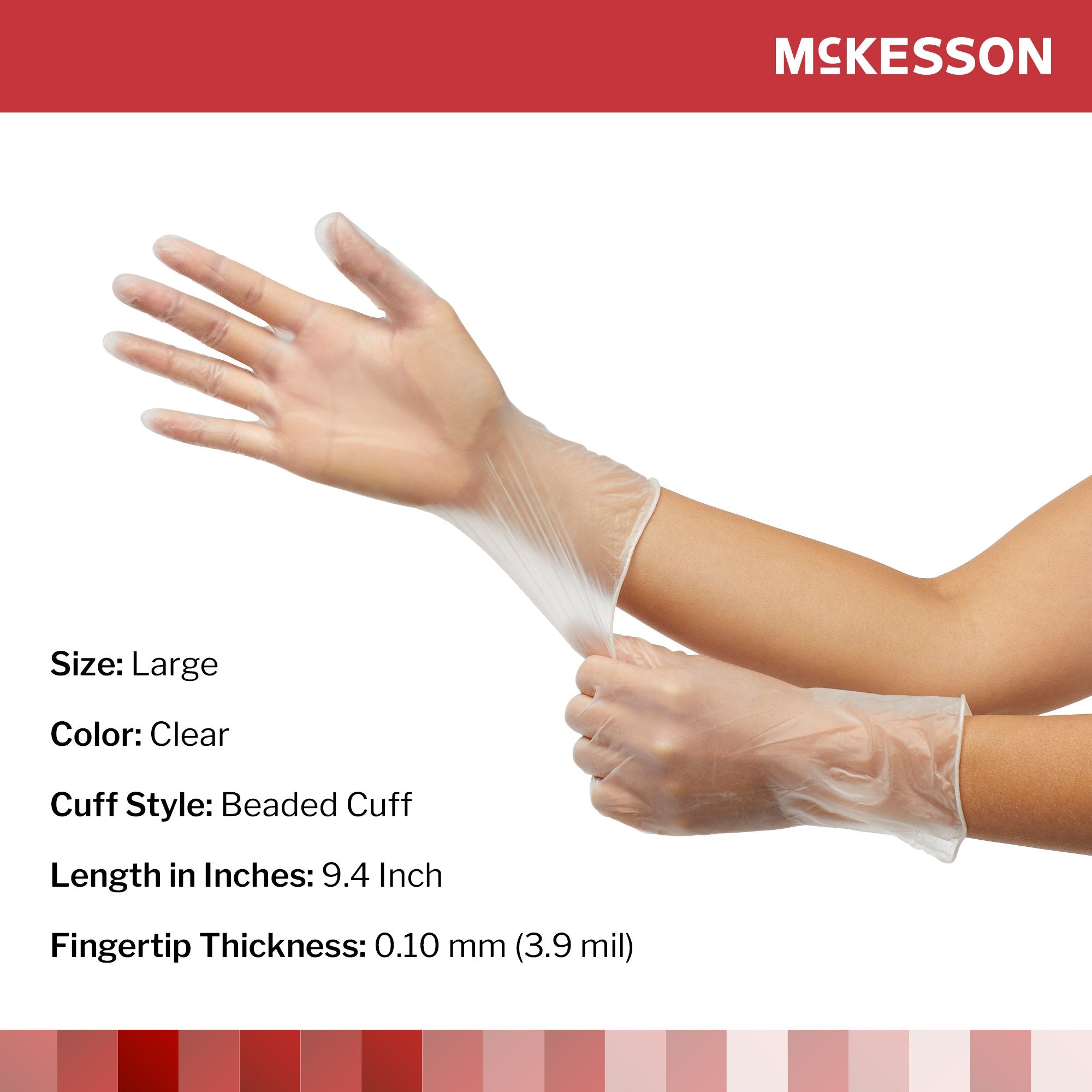 exam glove mckesson large nonsterile vinyl standard cuff length smooth clear not rated packaging type box