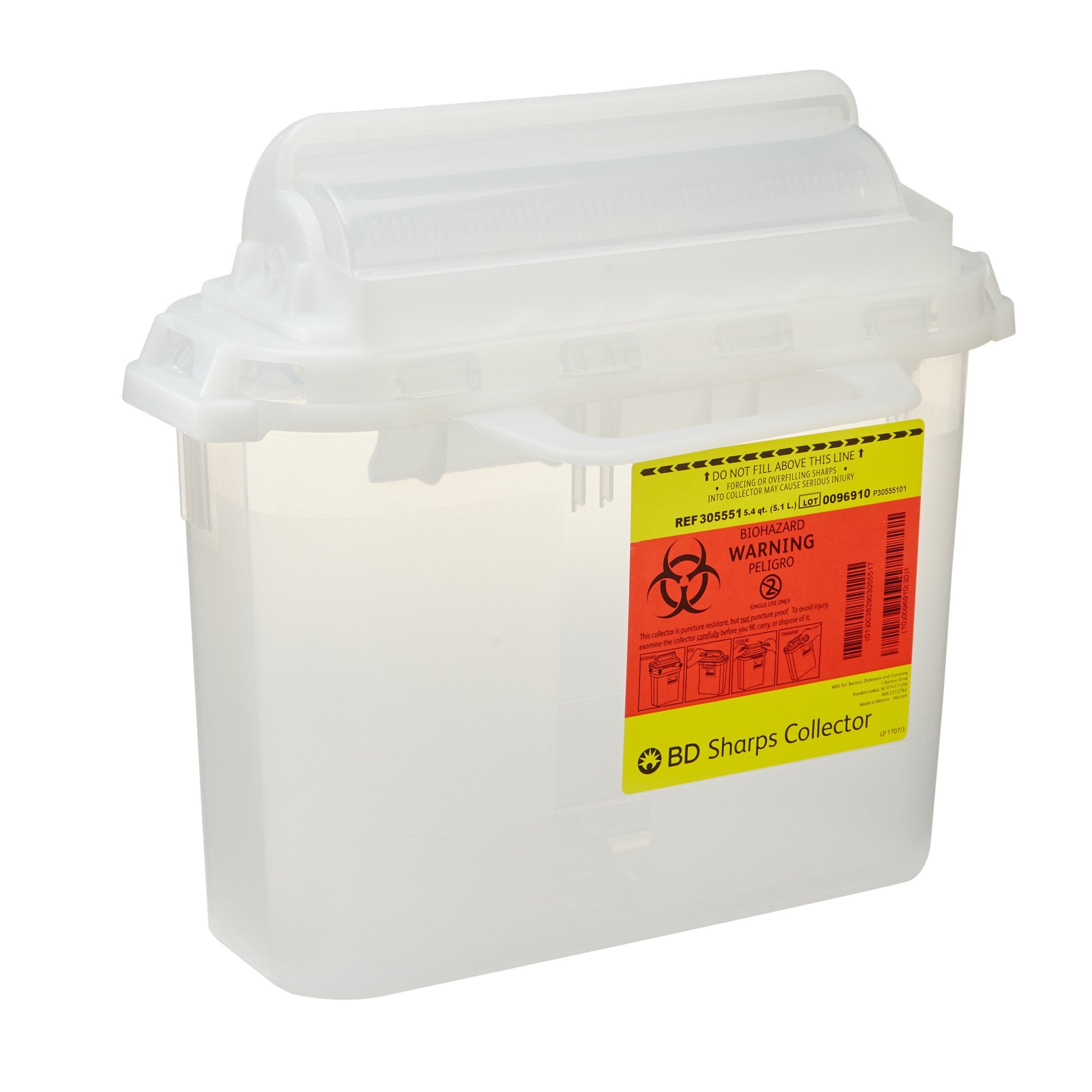 Sharps Container BD Translucent White Base 12 H X 12 W X 4-4/5 D Inch Horizontal Entry 1.35 Gallon,Packaging Type- Each