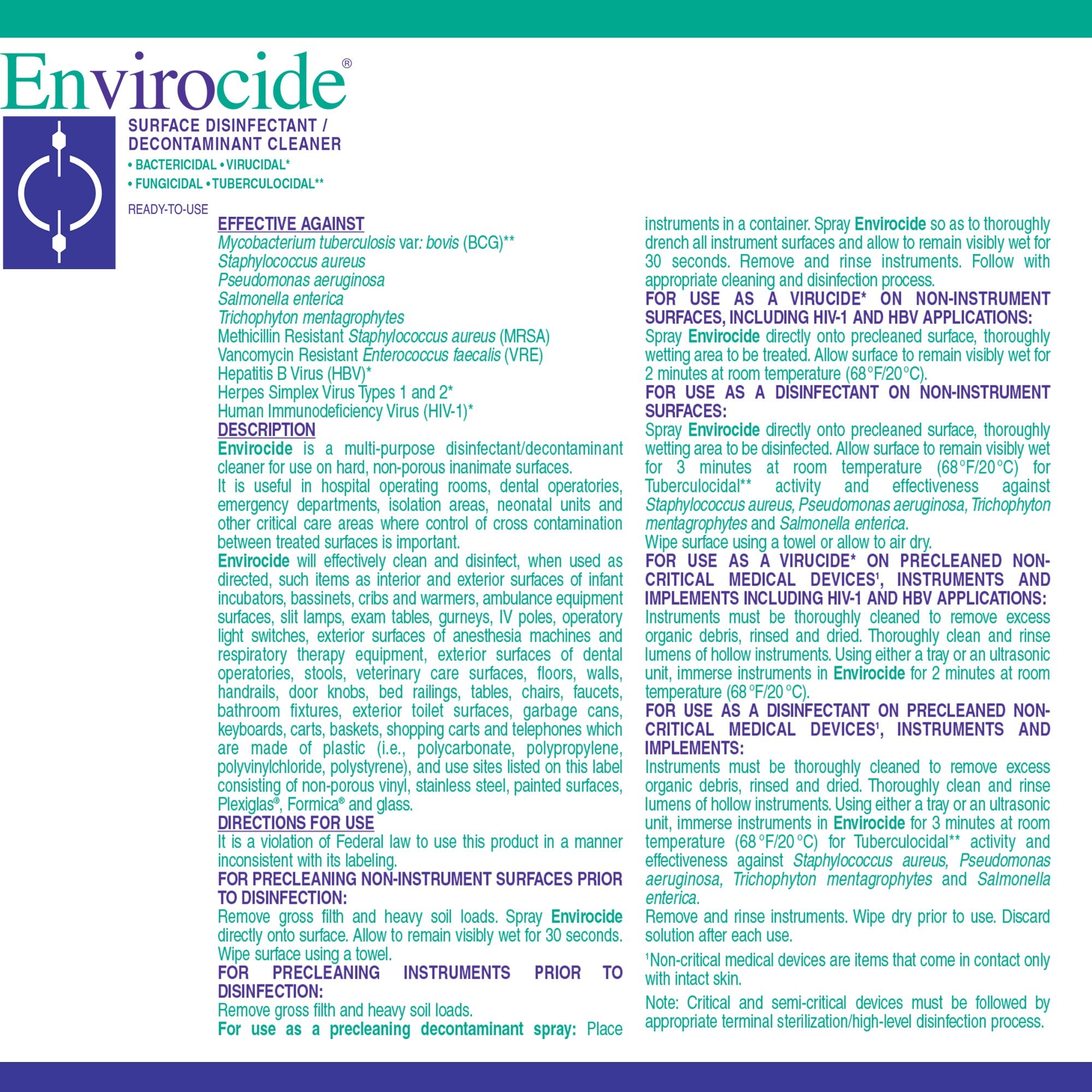 Envirocide Surface Disinfectant Cleaner Broad Spectrum Manual Pour Liquid 1 gal. Jug Alcohol Scent NonSterile,Packaging Type- Each