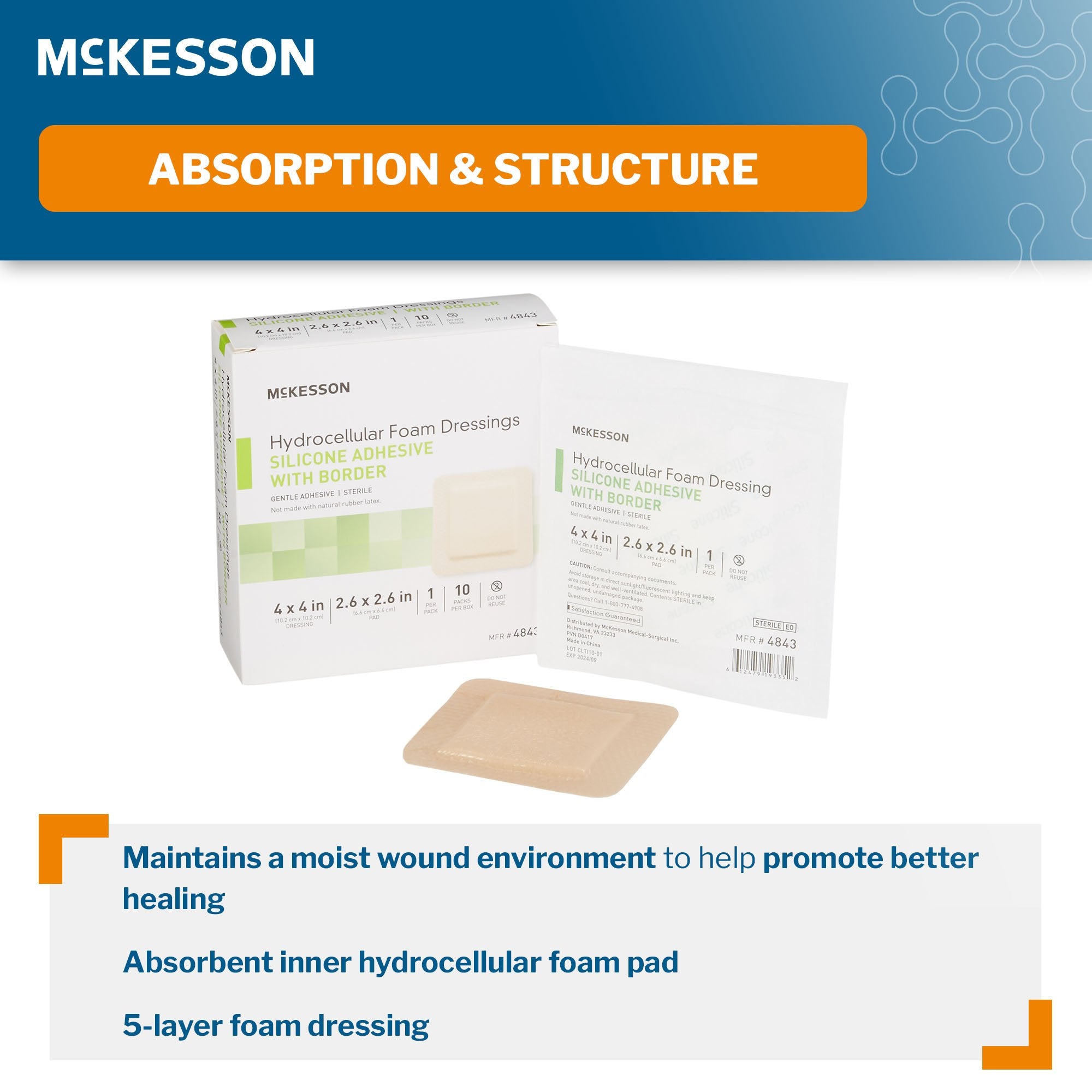 Foam Dressing McKesson 4 X 4 Inch With Border Film Backing Silicone Gel Adhesive Square Sterile
