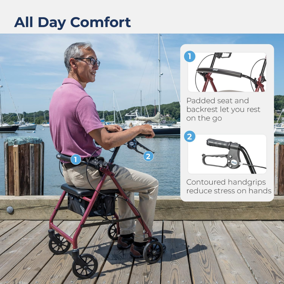 Drive Medical Aluminium Rollator For Seniors and Elders, Wheel size 6inches With Height Adjustable 13 x 12inch, Red Color , Foldable, 11038A