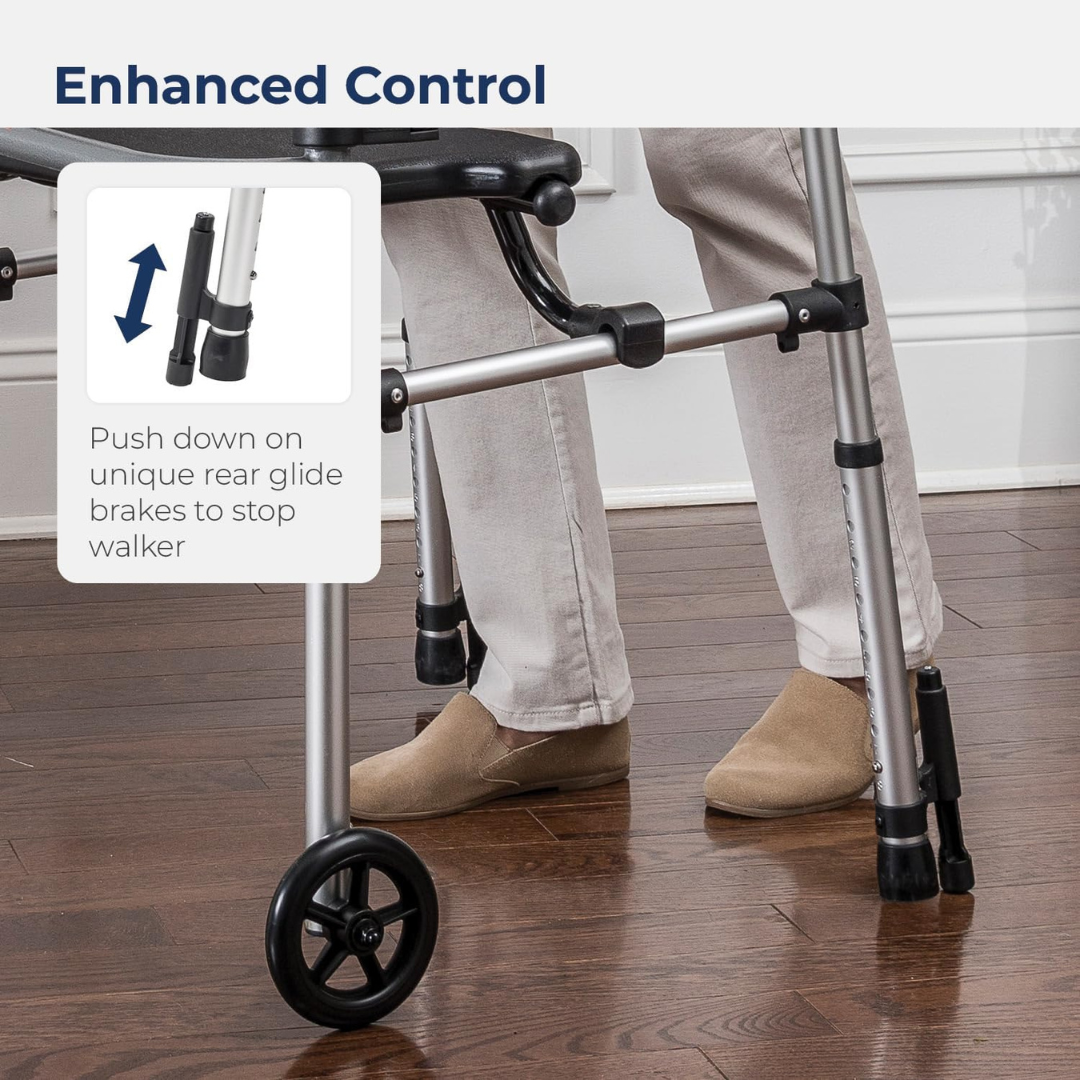 Clever-Lite LS Dual Release Folding Walker with Wheels and Seat Adjustable Height Clever-Lite LS Aluminum Frame 300 lbs. Weight Capacity 29-1/2 to 39 Inch Height, Packaging Type- Each