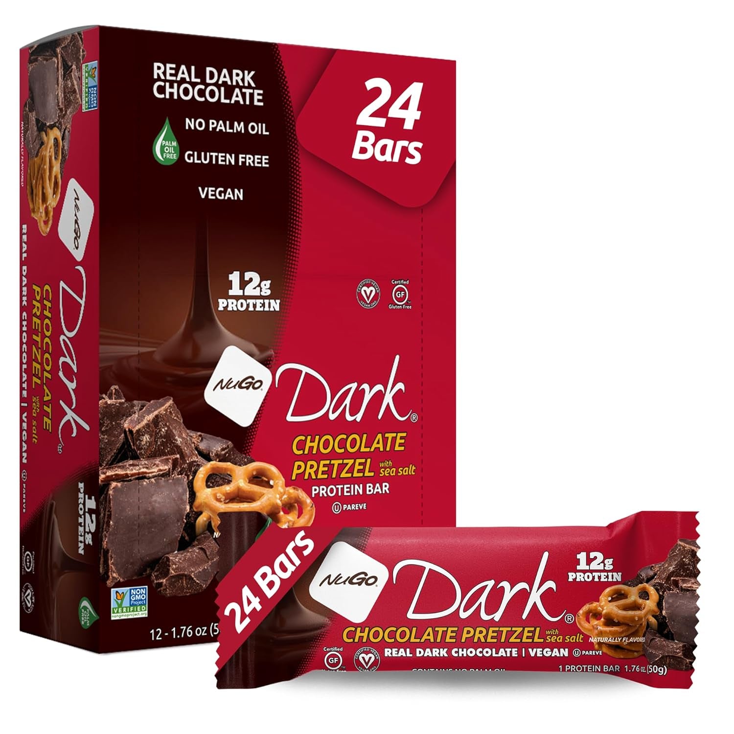 Dark Chocolate Pretzel and Sea Salt, 12G Protein Bar, Vegan, Gluten Free, Non-Gmo, Kosher Pareve, 24 Count