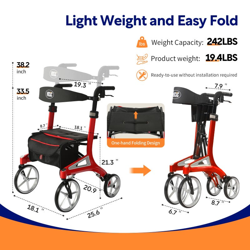 VOCIC Z71 High-end Style Rollator Walker– Stylish Lightweight Mobility Aid with Adjustable Backrest & Handles