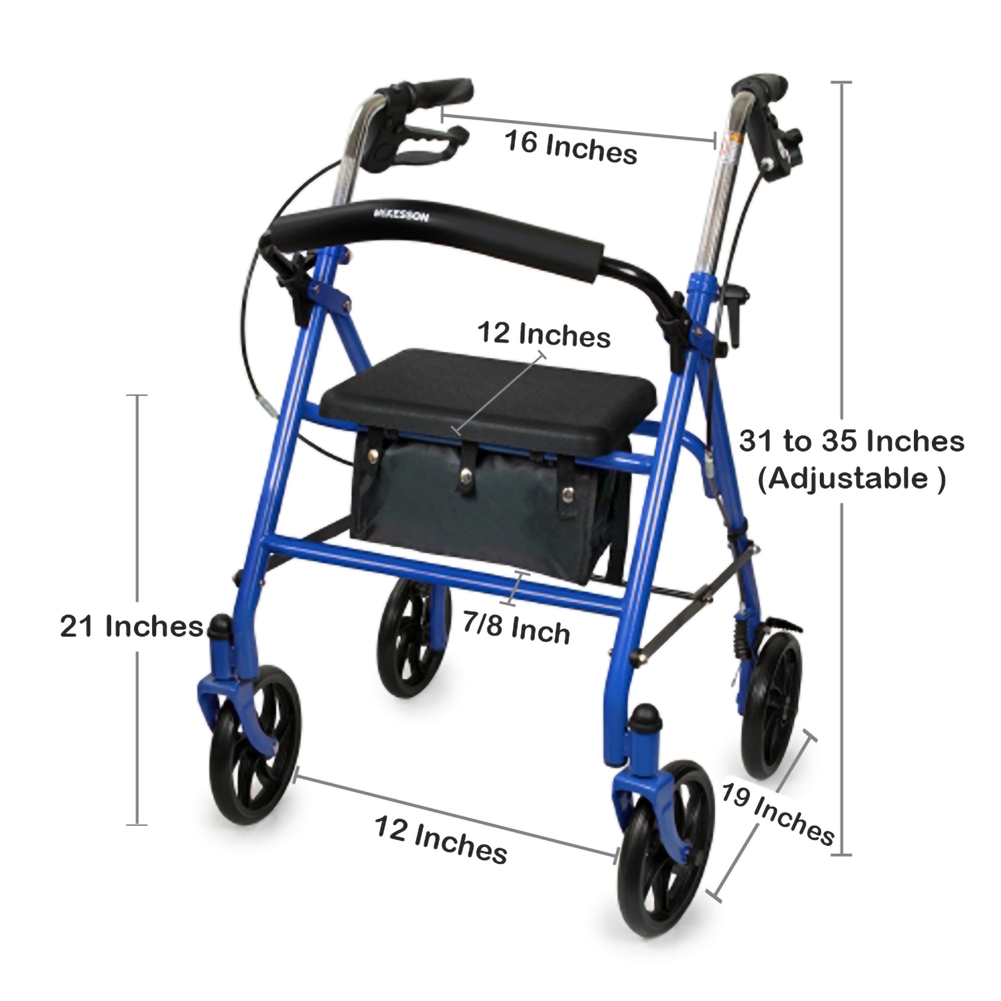 4 wheel rollator mckesson blue adjustable height folding steel frame