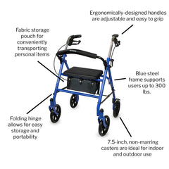4 wheel rollator mckesson blue adjustable height folding steel frame