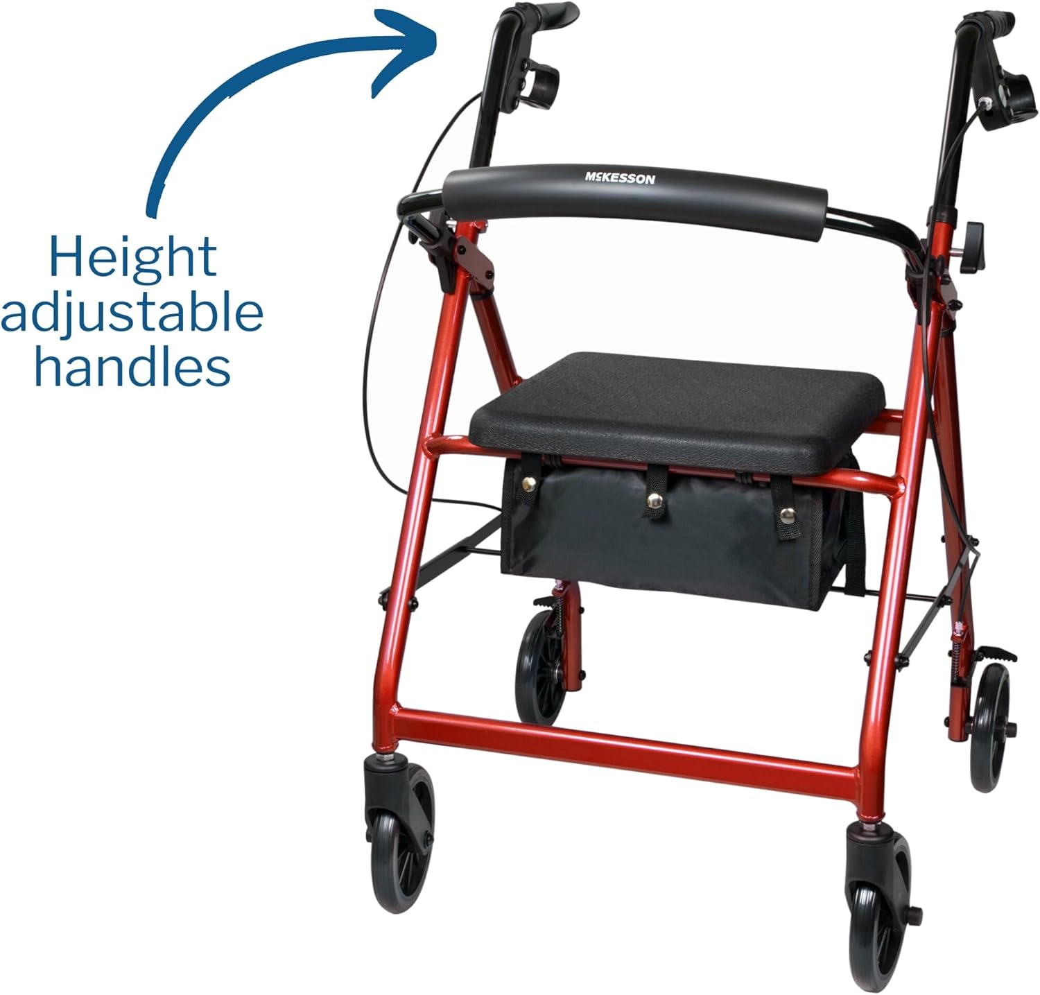 4 wheel rollator mckesson red adjustable height folding aluminum frame packaging type each