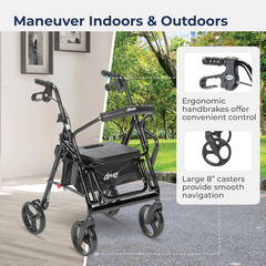 Black aluminum rollator transport chair rear view with push handles