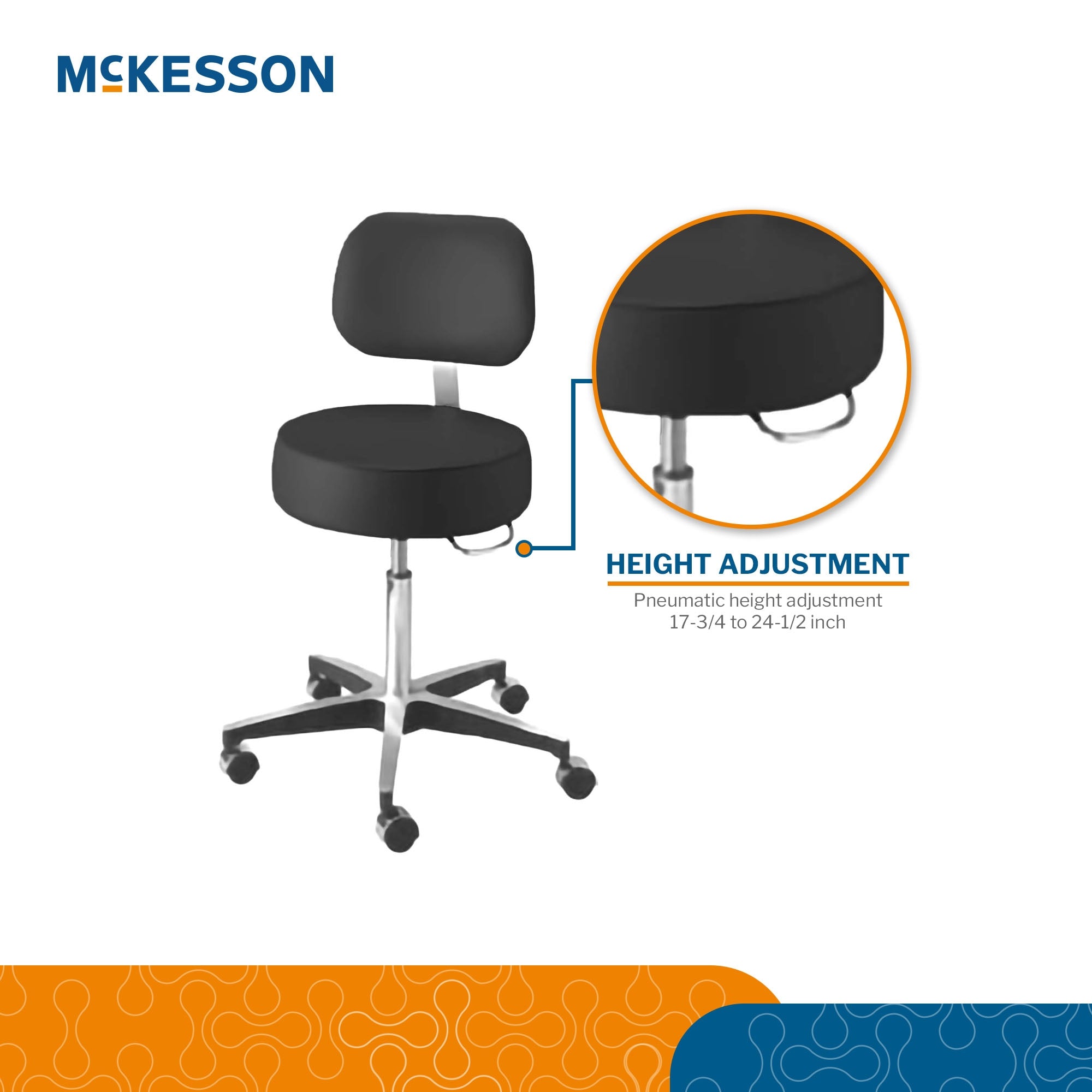 Exam Stool McKesson Backrest Pneumatic Height Adjustment 5 Casters Black, Packaging Type- Each