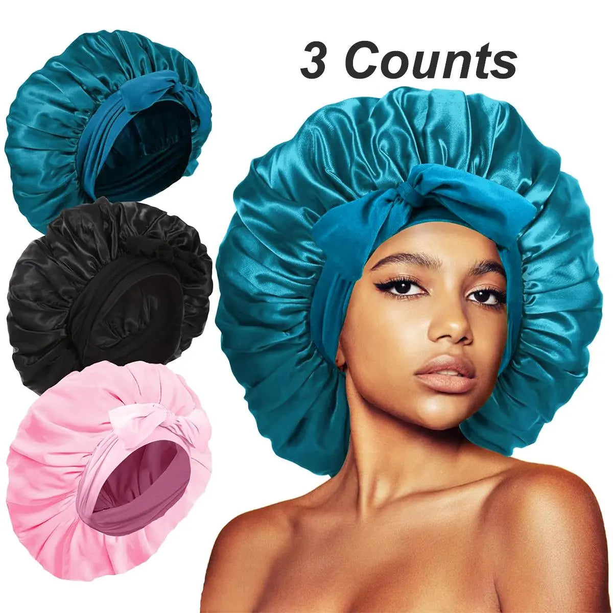 Summer Satin Bonnet, 3 Counts/Set Solid Color Silk Bonnet, Satin Silk Hair Care Caps for Women with Tie Band, Beauty & Personal Hair Care Heatless Styling Tools for Women, Hair Products, Hair Accessories