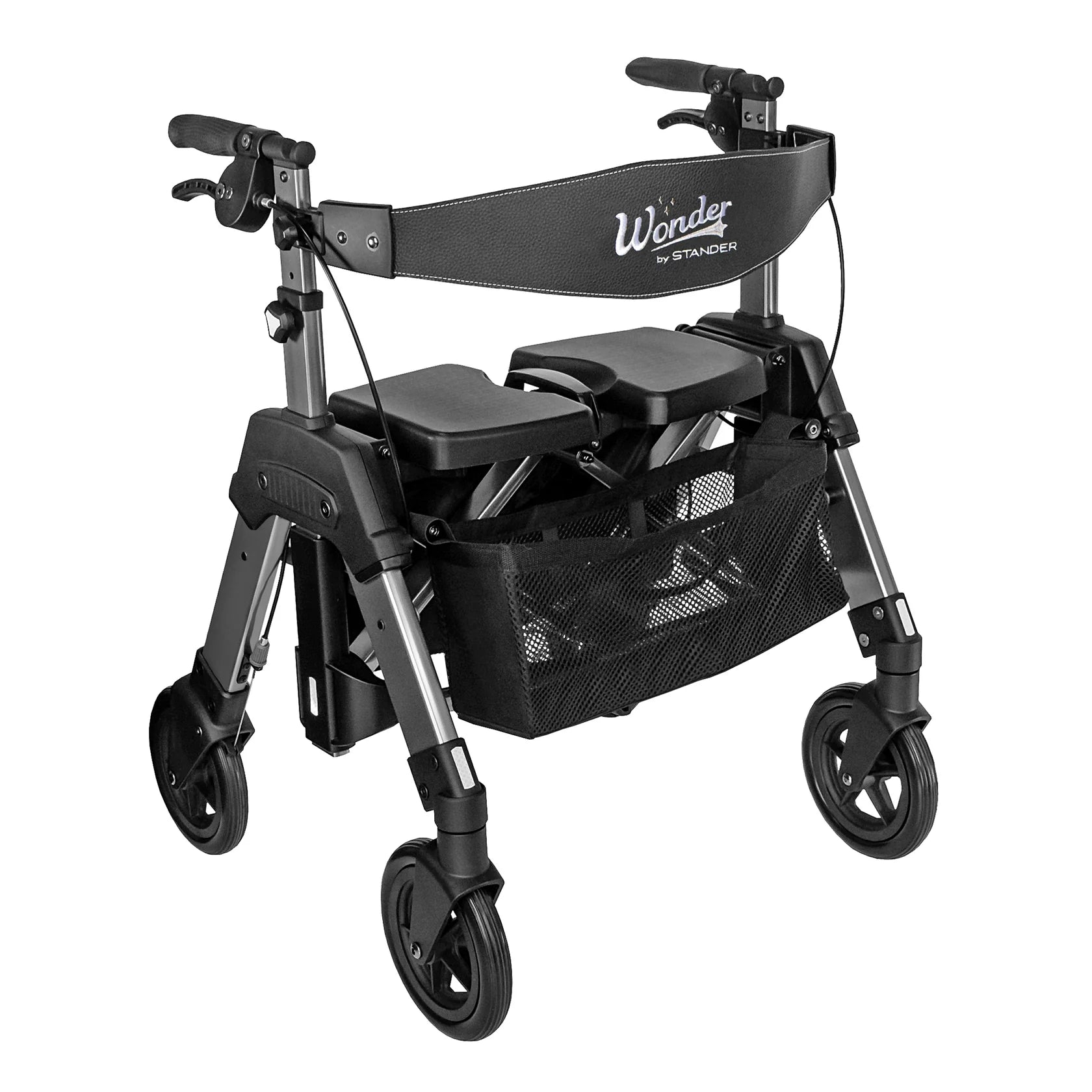 Stander EZ FOLD-N-GO Aluminium Rollator For Seniors and Elders, Wheel size 8inch With Height Adjustable from 10" to 14", Weight Capacity 500lbs, Black Walnut Color
