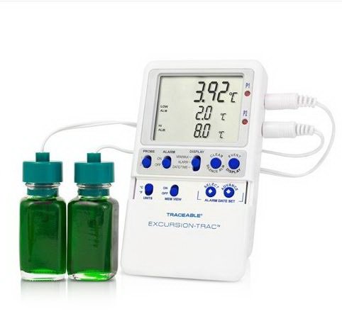 Datalogging Refrigerator / Freezer Thermometer with Alarm Traceable Excursion-Trac Fahrenheit / Celsius -58° to +158°F (-50° to +70°C) 2 Glycol Bottle Probes Multiple Mounting Options Battery Operated