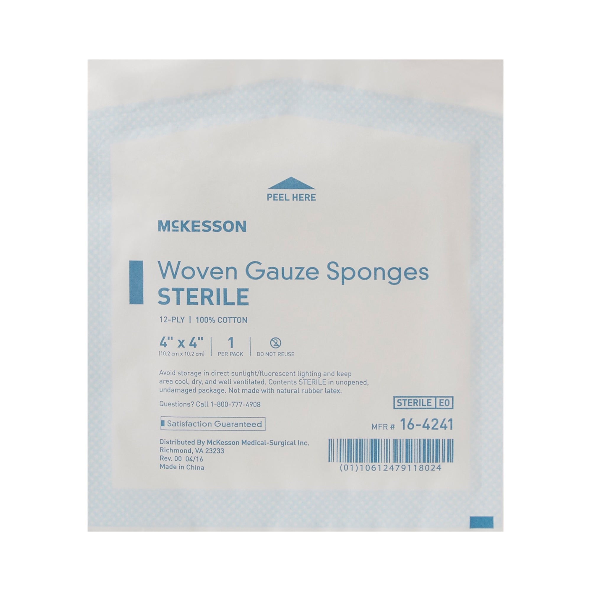 Gauze Sponge McKesson 4 X 4 Inch 12-Ply Sterile 1 per Pack,  Packaging Type- Case