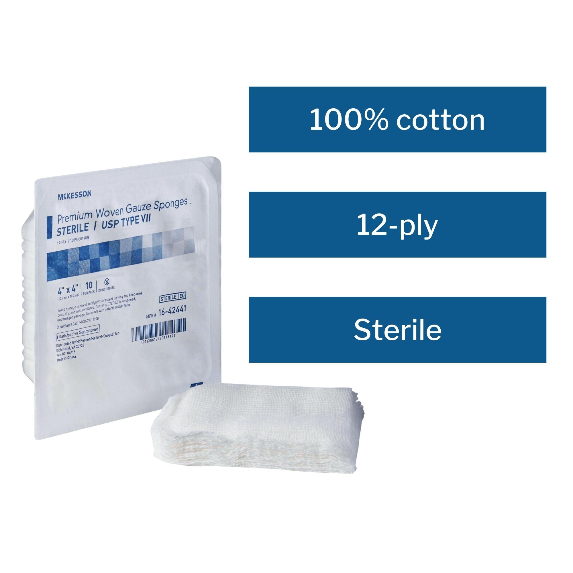 Gauze Sponge McKesson 4 X 4 Inch 12-Ply Sterile 10 per Tray, Packaging Type- Case