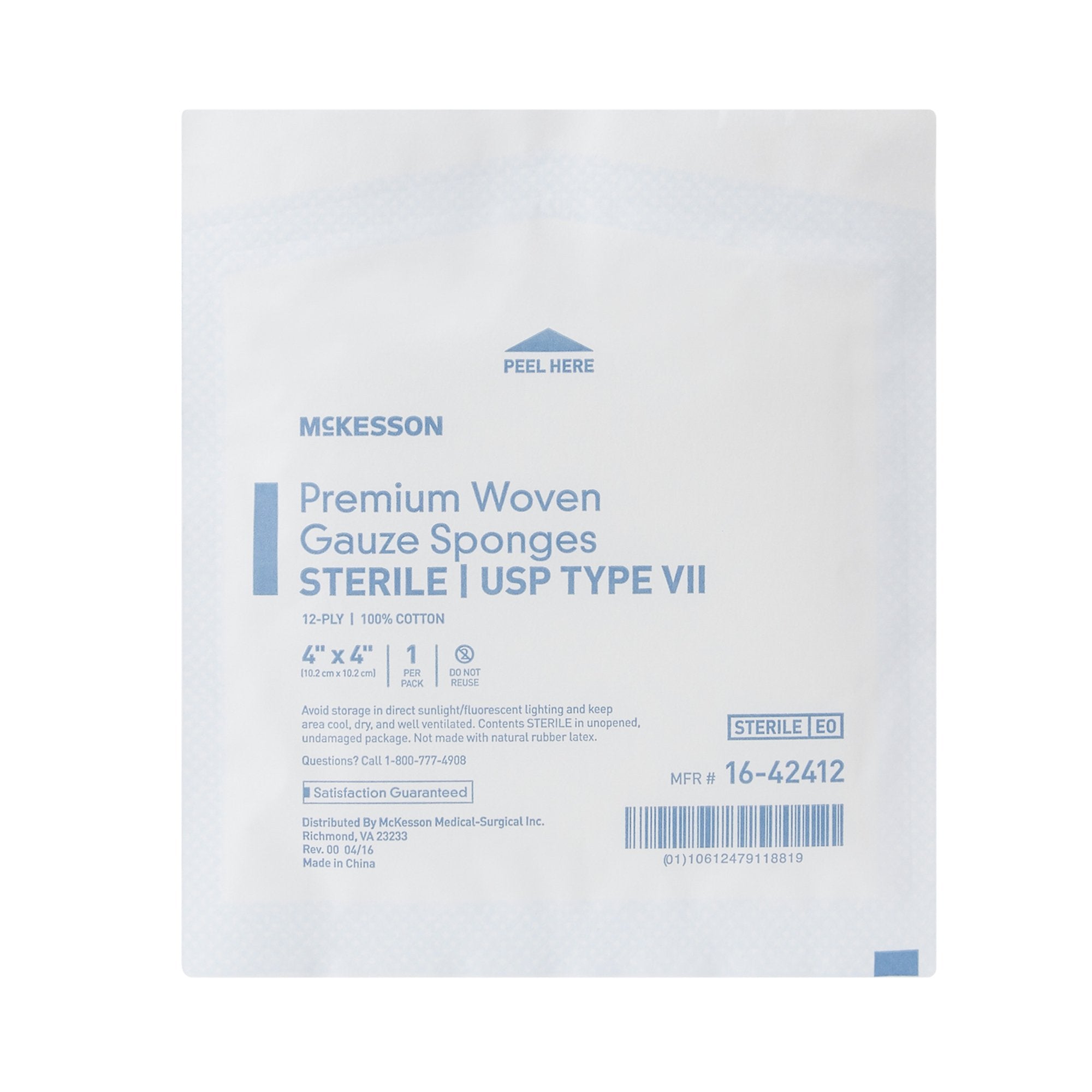 Gauze Sponge McKesson 4 X 4 Inch 12-Ply Sterile 1 per Pack, Packaging Type- Case