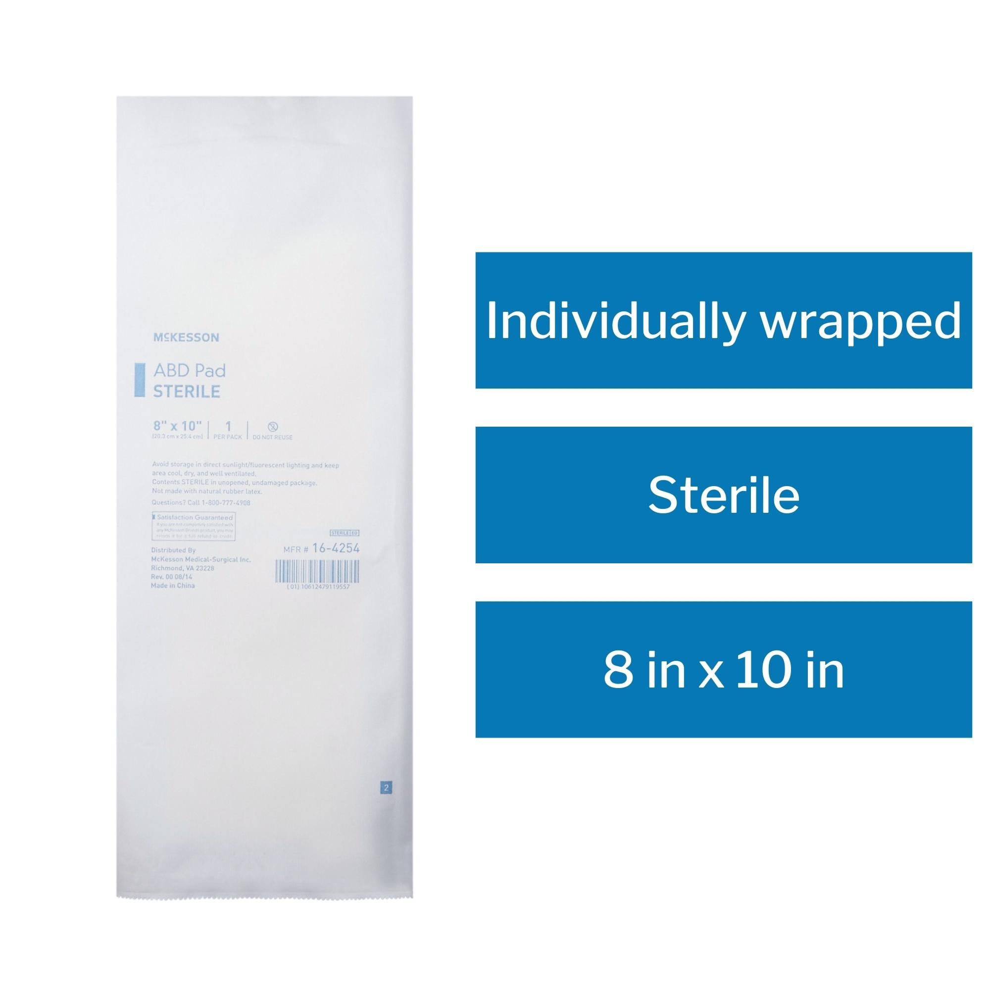 Abdominal Pad McKesson 8 X 10 Inch Sterile 1 per Pack, Packaging Type- Box
