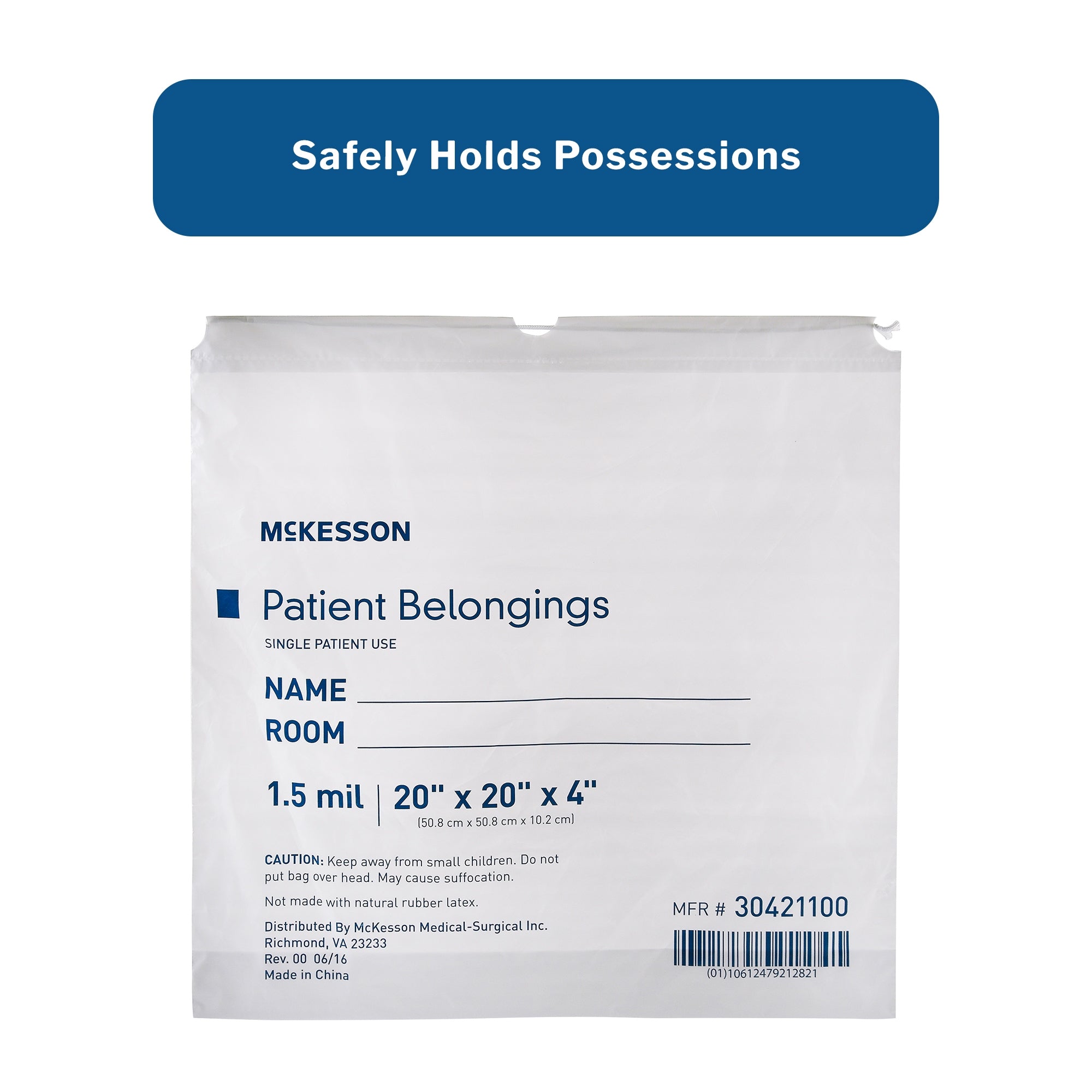 Patient Belongings Bag McKesson 4 X 20 X 20 Inch Polyethylene Drawstring Closure White, Packaging Type- Case