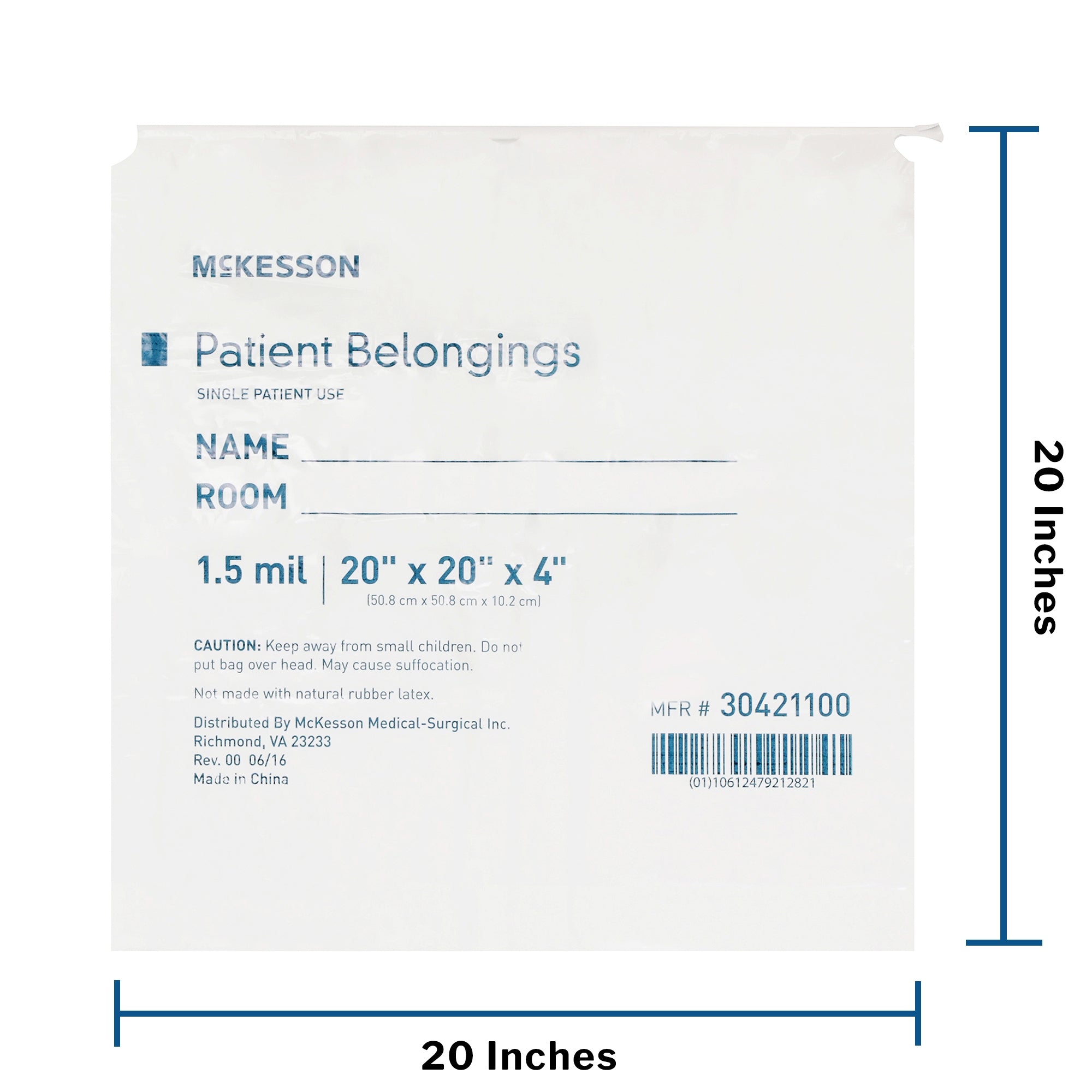 Patient Belongings Bag McKesson 4 X 20 X 20 Inch Polyethylene Drawstring Closure White, Packaging Type- Case