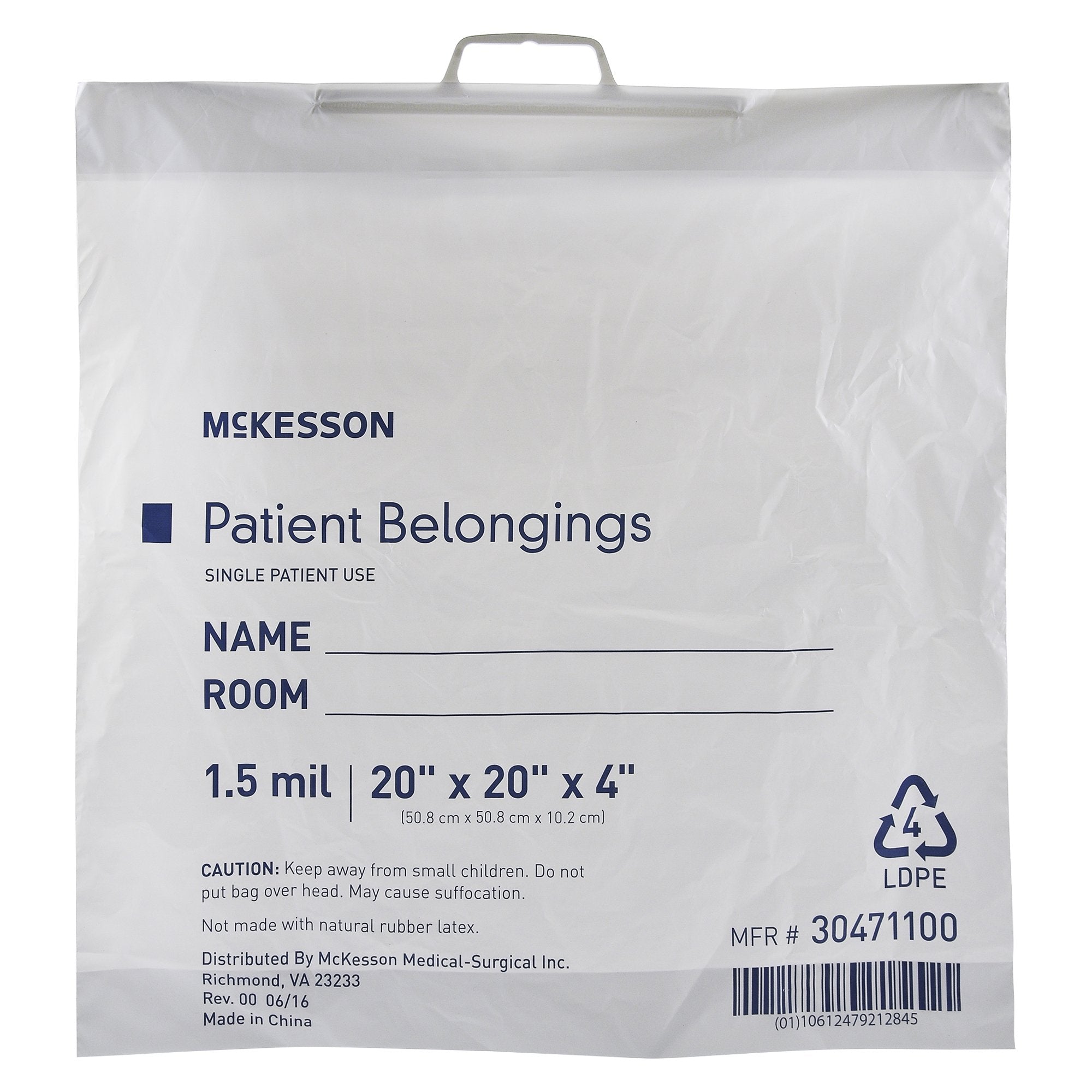 Patient Belongings Bag McKesson 4 X 20 X 20 Inch Polyethylene Snap Closure White, Packaging Type- Case