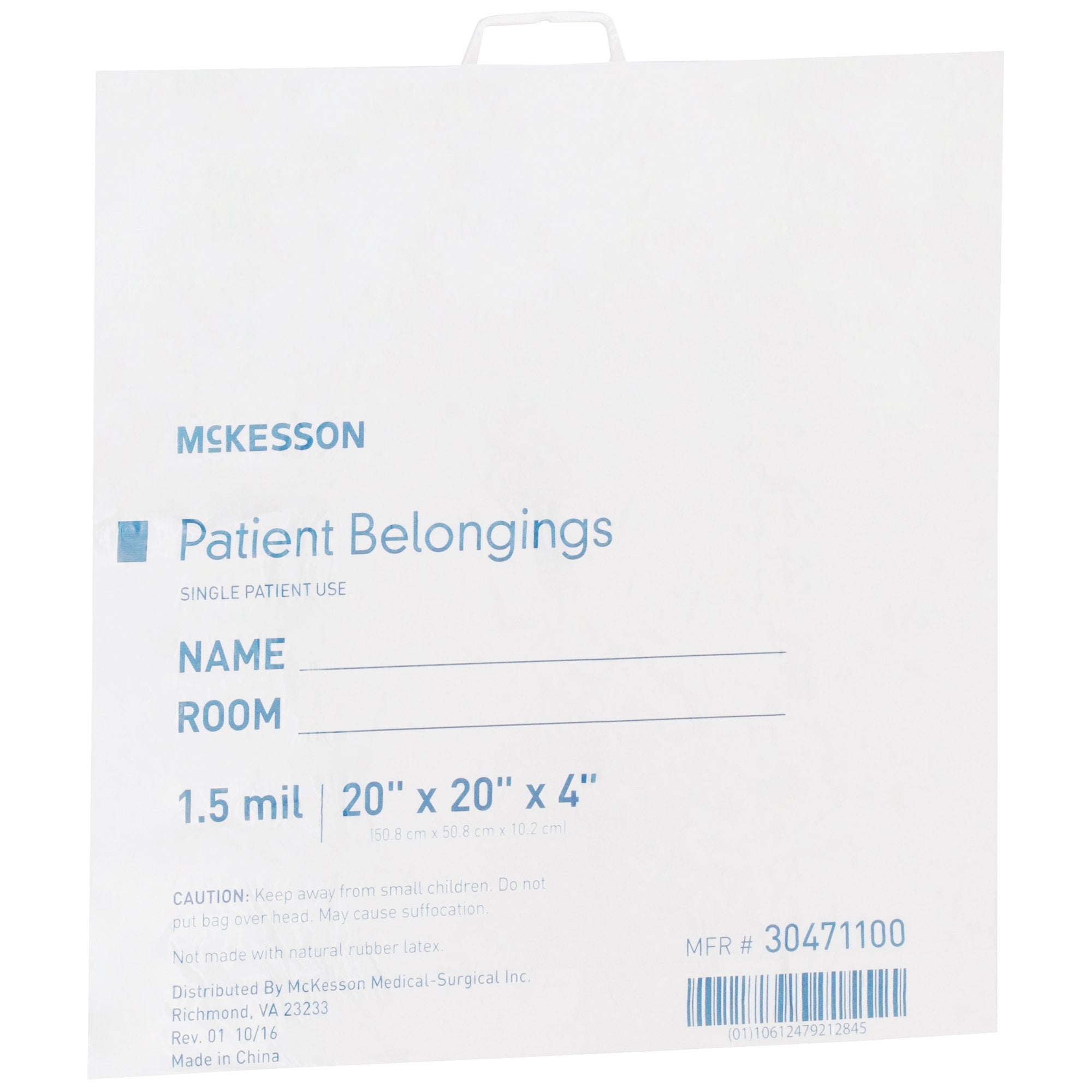 Patient Belongings Bag McKesson 4 X 20 X 20 Inch Polyethylene Snap Closure White, Packaging Type- Case