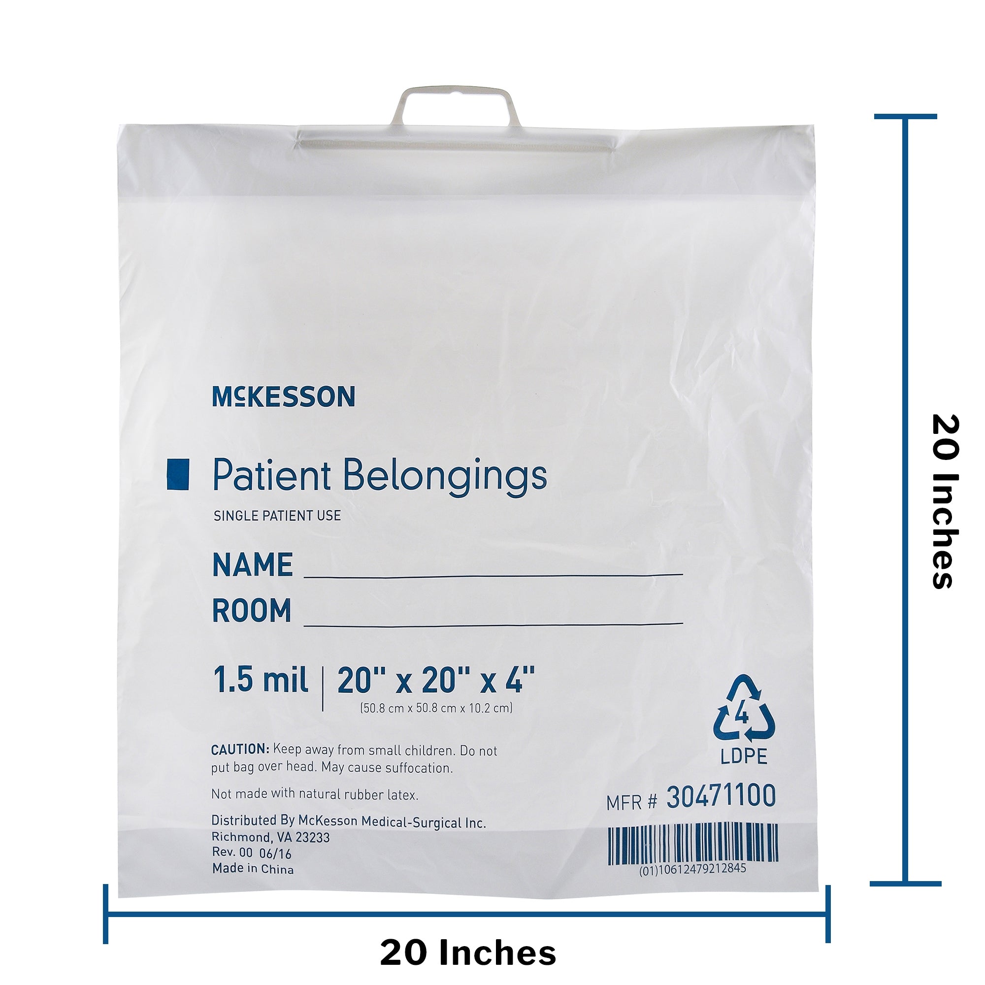 Patient Belongings Bag McKesson 4 X 20 X 20 Inch Polyethylene Snap Closure White, Packaging Type- Each