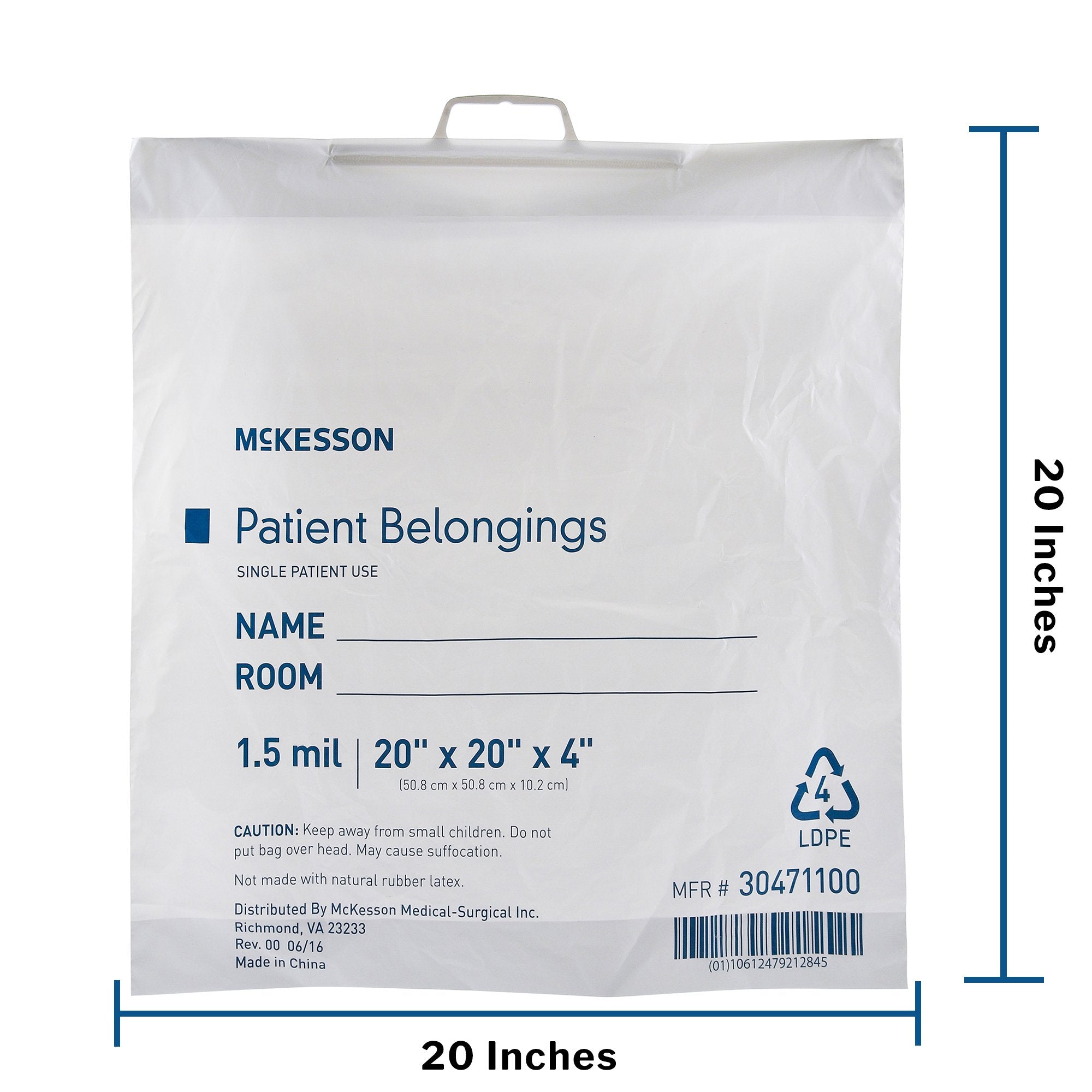 Patient Belongings Bag McKesson 4 X 20 X 20 Inch Polyethylene Snap Closure White, Packaging Type- Case