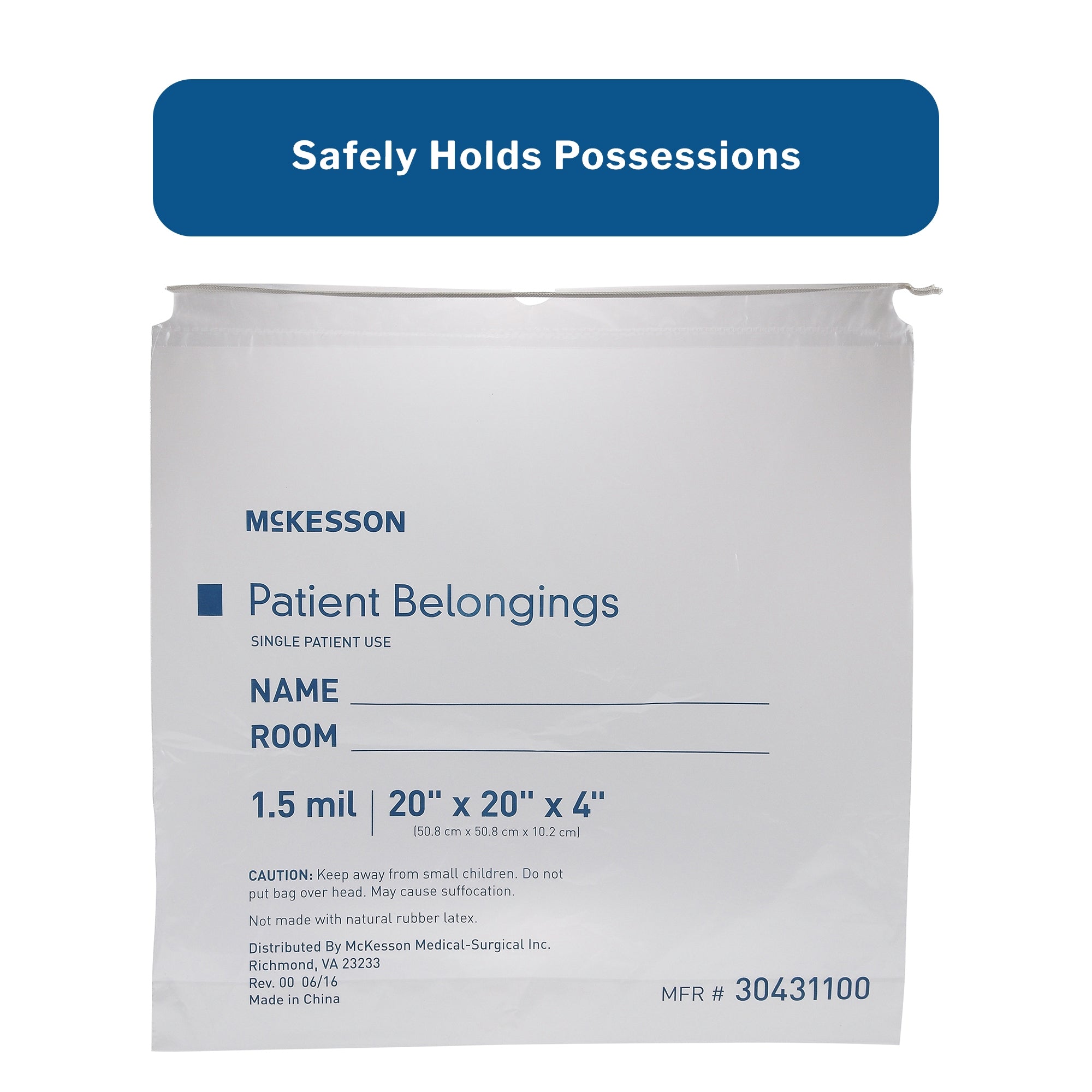 Patient Belongings Bag McKesson 4 X 20 X 20 Inch Polyethylene Drawstring Closure Clear, Packaging Type- Case