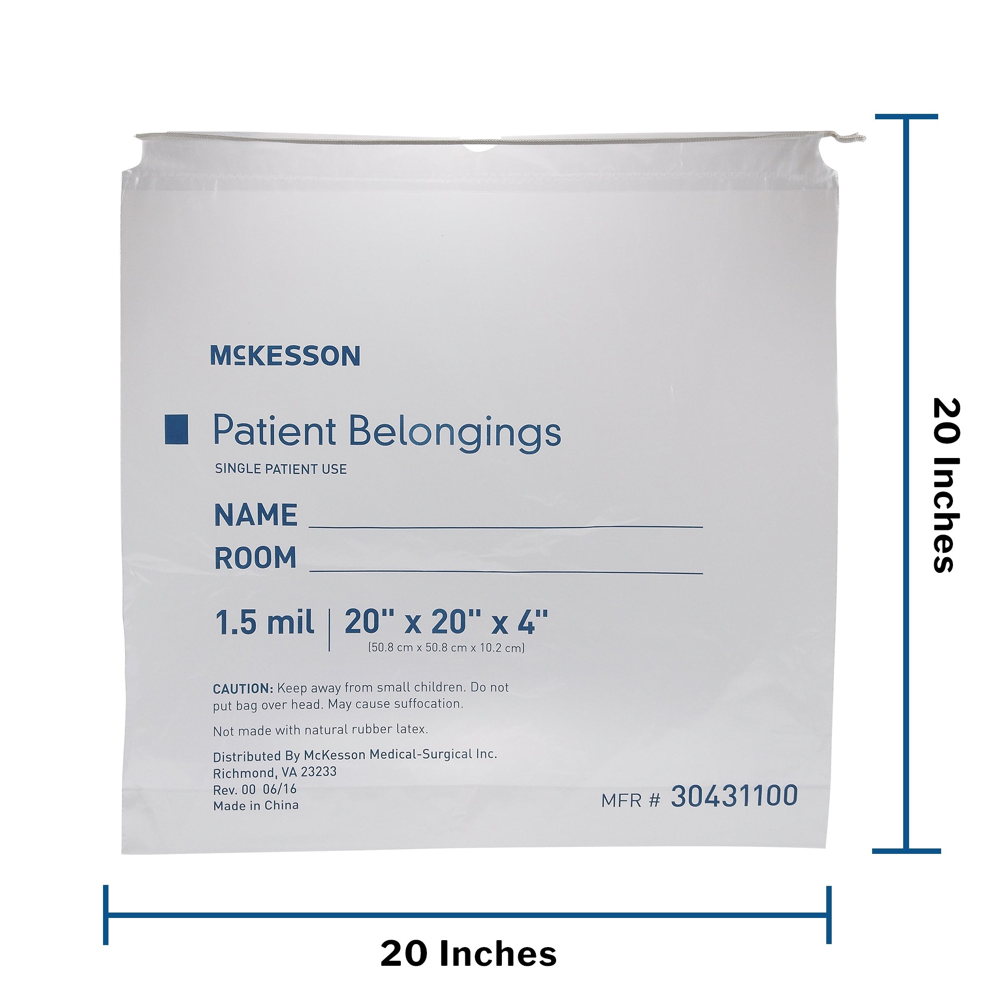 Patient Belongings Bag McKesson 4 X 20 X 20 Inch Polyethylene Drawstring Closure Clear, Packaging Type- Case