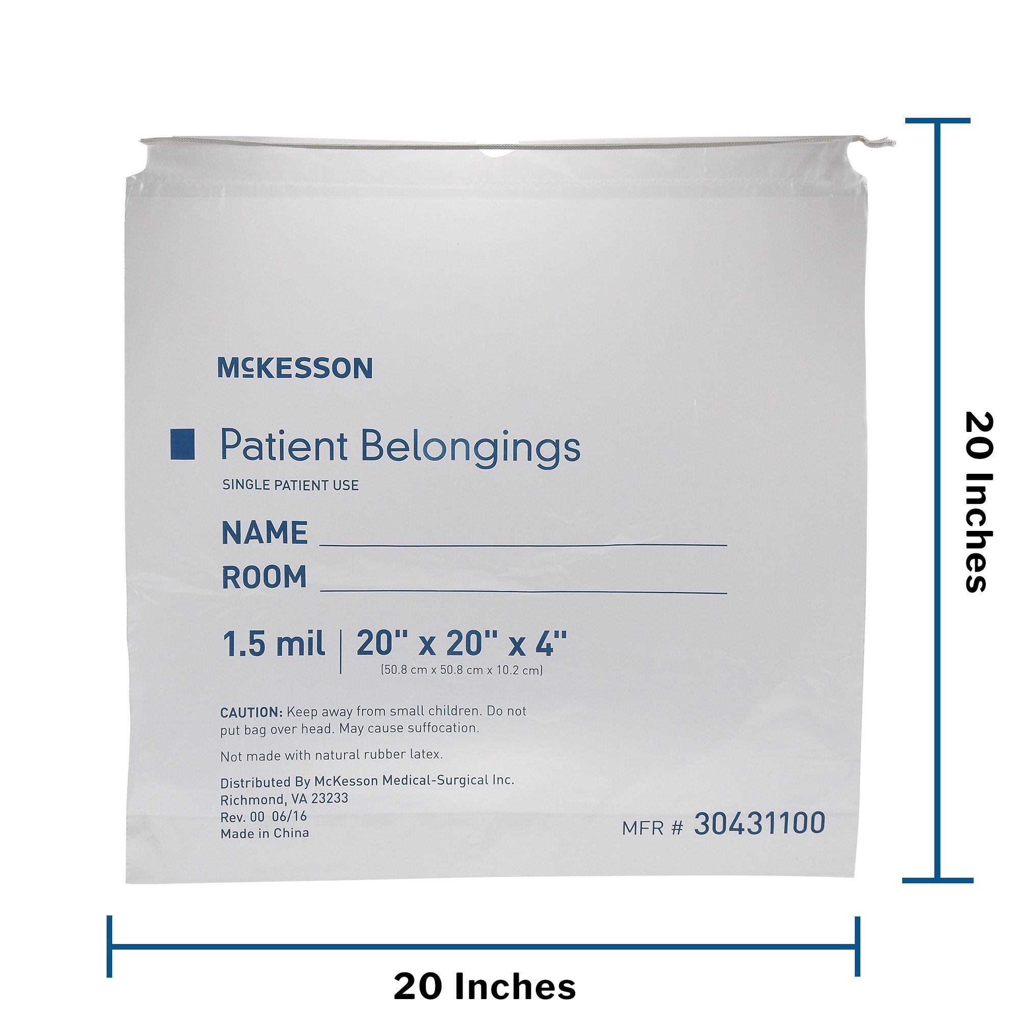 Patient Belongings Bag McKesson 4 X 20 X 20 Inch Polyethylene Drawstring Closure Clear, Packaging Type - Packet