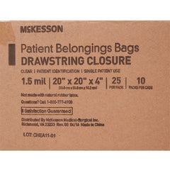 Patient Belongings Bag McKesson 4 X 20 X 20 Inch Polyethylene Drawstring Closure Clear, Packaging Type- Case