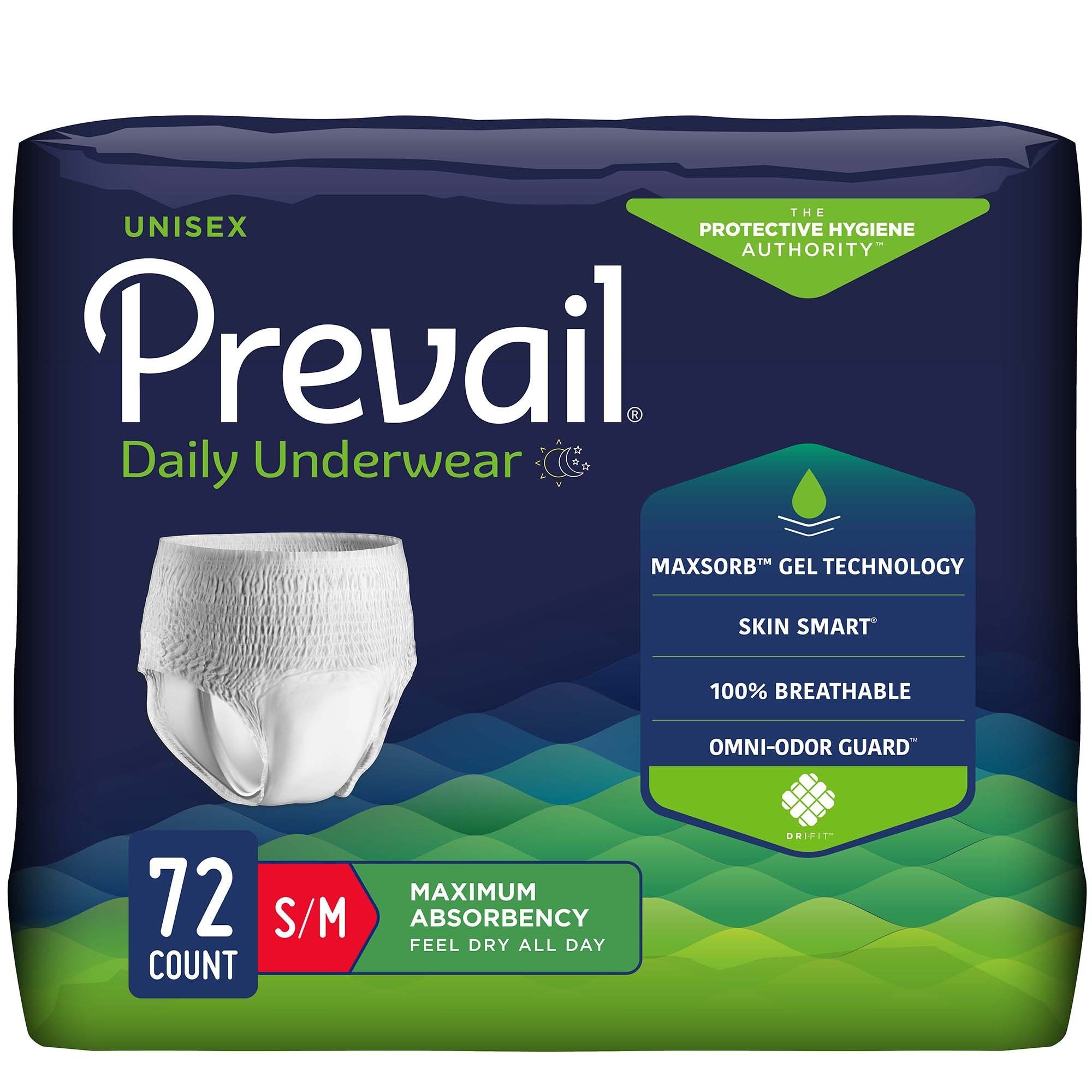 Unisex Adult Absorbent Underwear Prevail Daily Underwear Maximum Pull On with Tear Away Seams Small / Medium Disposable Heavy Absorbency, Packaging Type- Case