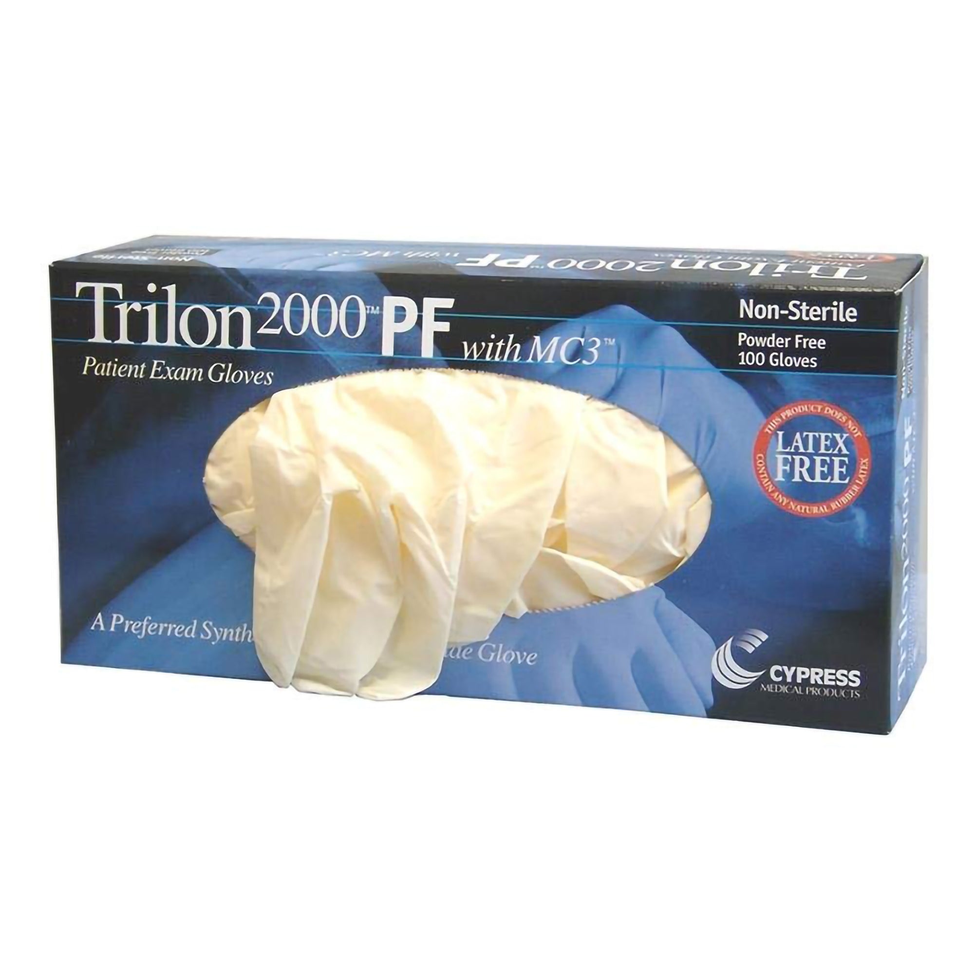 exam glove trilon 2000 pf with mc3 medium nonsterile stretch vinyl standard cuff length smooth ivory not rated with prop 65 warning packaging type box