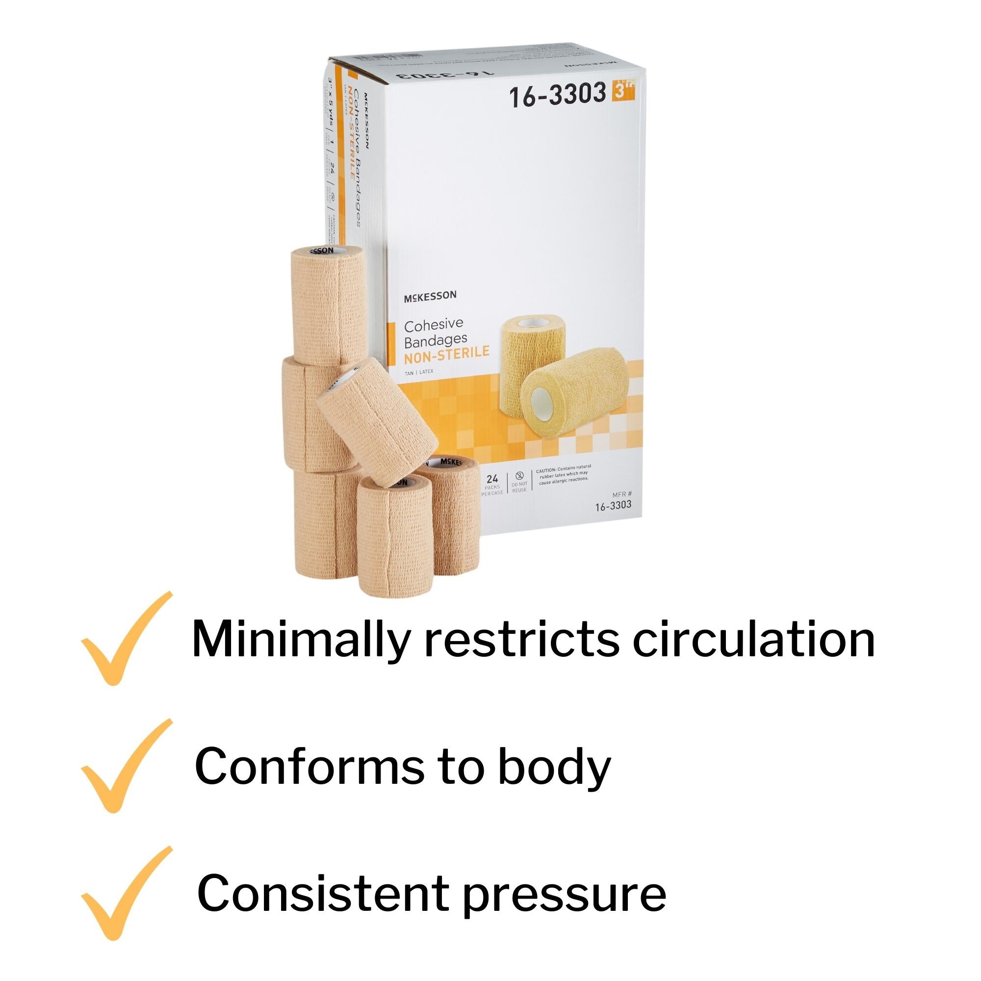 Cohesive Bandage McKesson 3 Inch X 5 Yard Self-adherent Closure Tan NonSterile Standard Compression, Packaging Type- Case