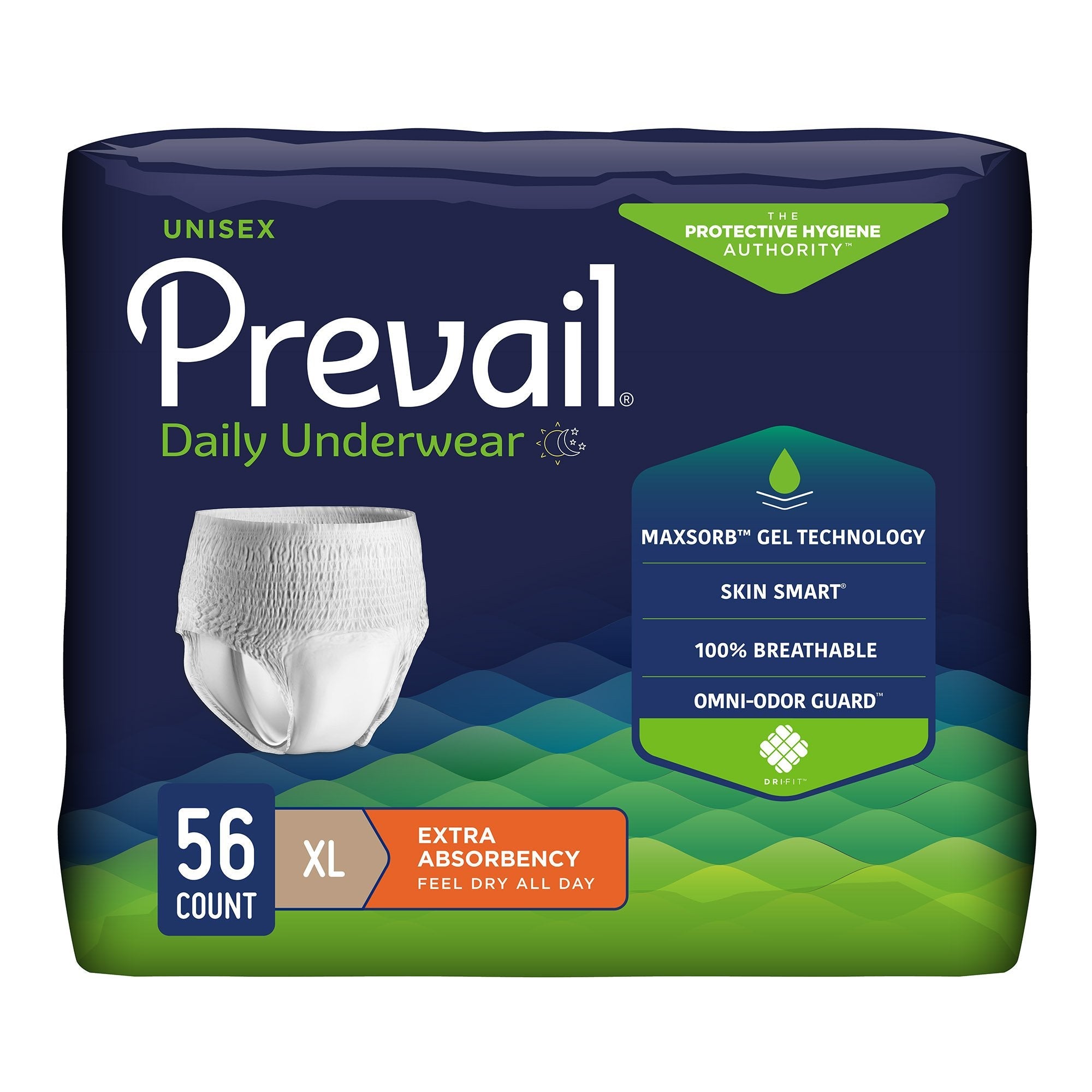 Unisex Adult Absorbent Underwear Prevail Daily Underwear Extra Pull On with Tear Away Seams X-Large Disposable Moderate Absorbency, Packaging Type- Case