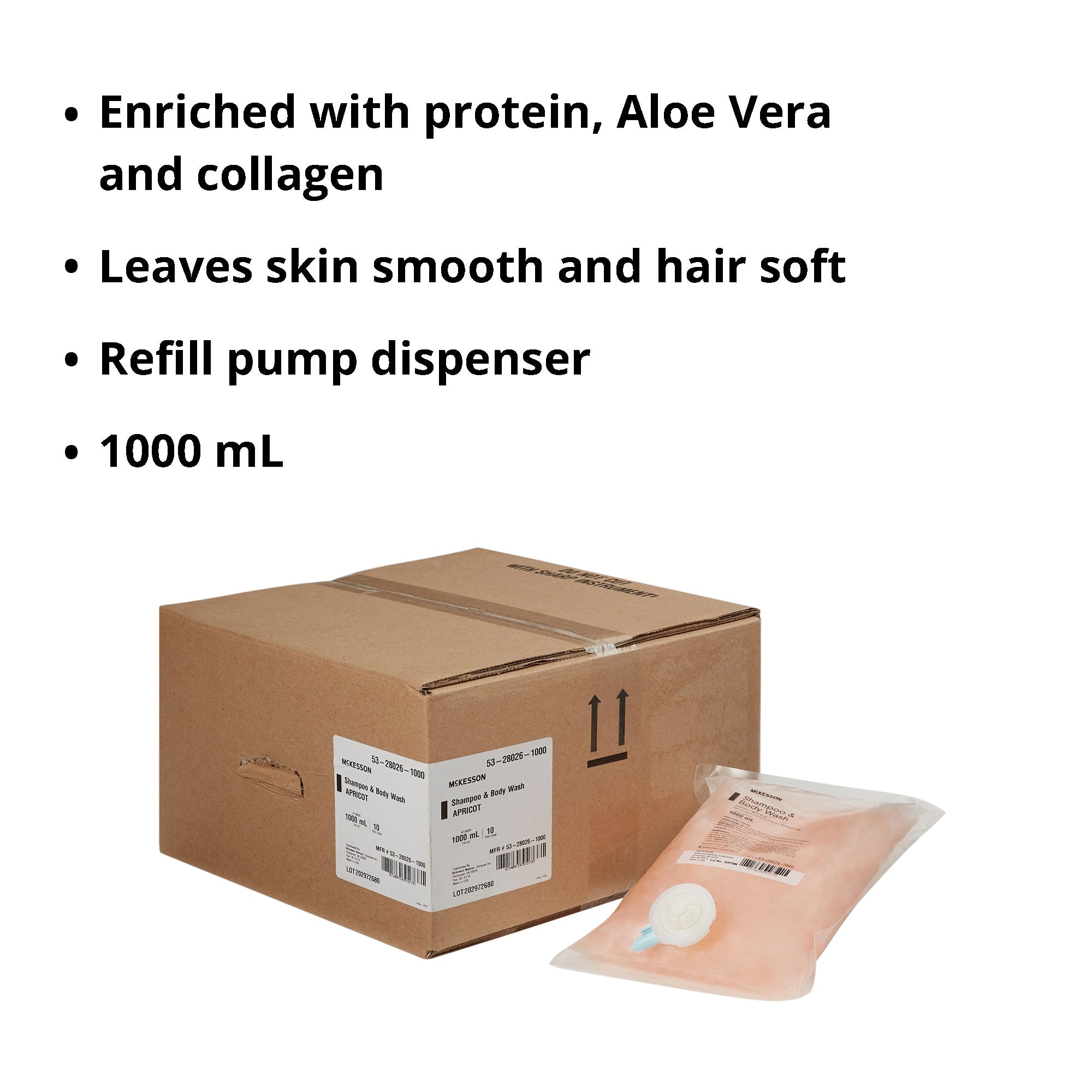 Bolsa de recarga para champú y gel de baño McKesson de 1000 ml con aroma a albaricoque. Tipo de embalaje: caja.