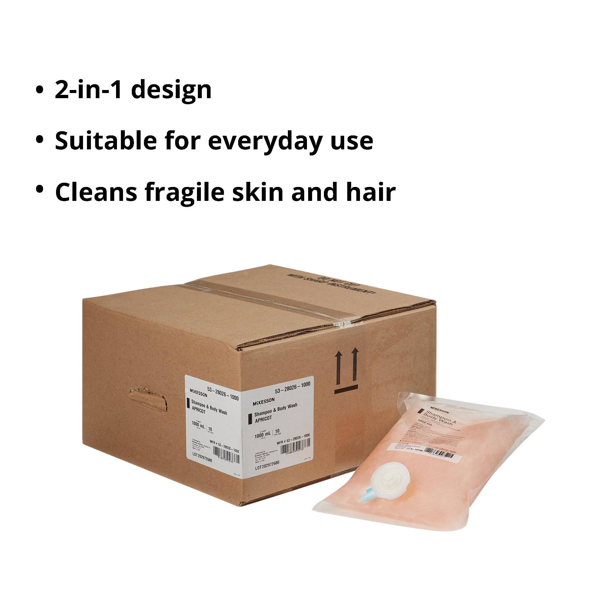 Bolsa de recarga para champú y gel de baño McKesson de 1000 ml con aroma a albaricoque. Tipo de embalaje: caja.