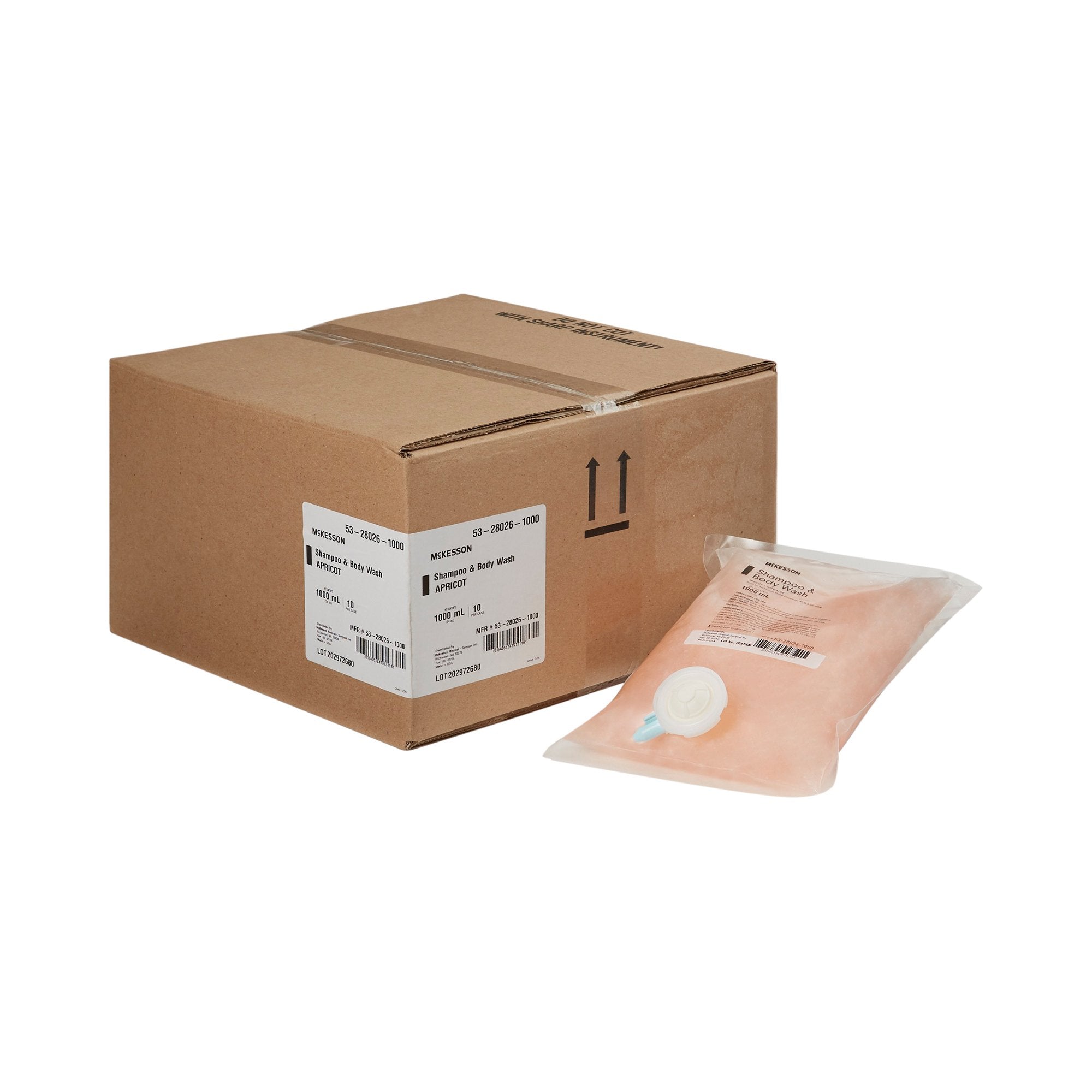 Bolsa de recarga para champú y gel de baño McKesson de 1000 ml con aroma a albaricoque. Tipo de embalaje: caja.