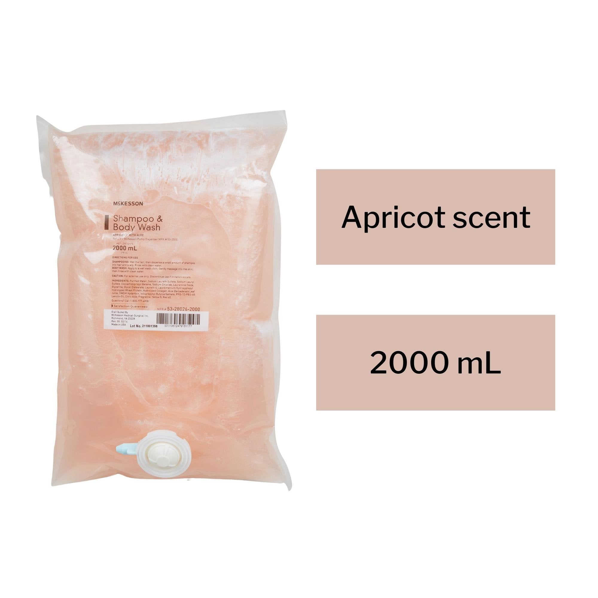 Bolsa de recarga para dispensador de champú y gel de baño McKesson de 2000 ml con aroma a albaricoque. Tipo de embalaje: caja.