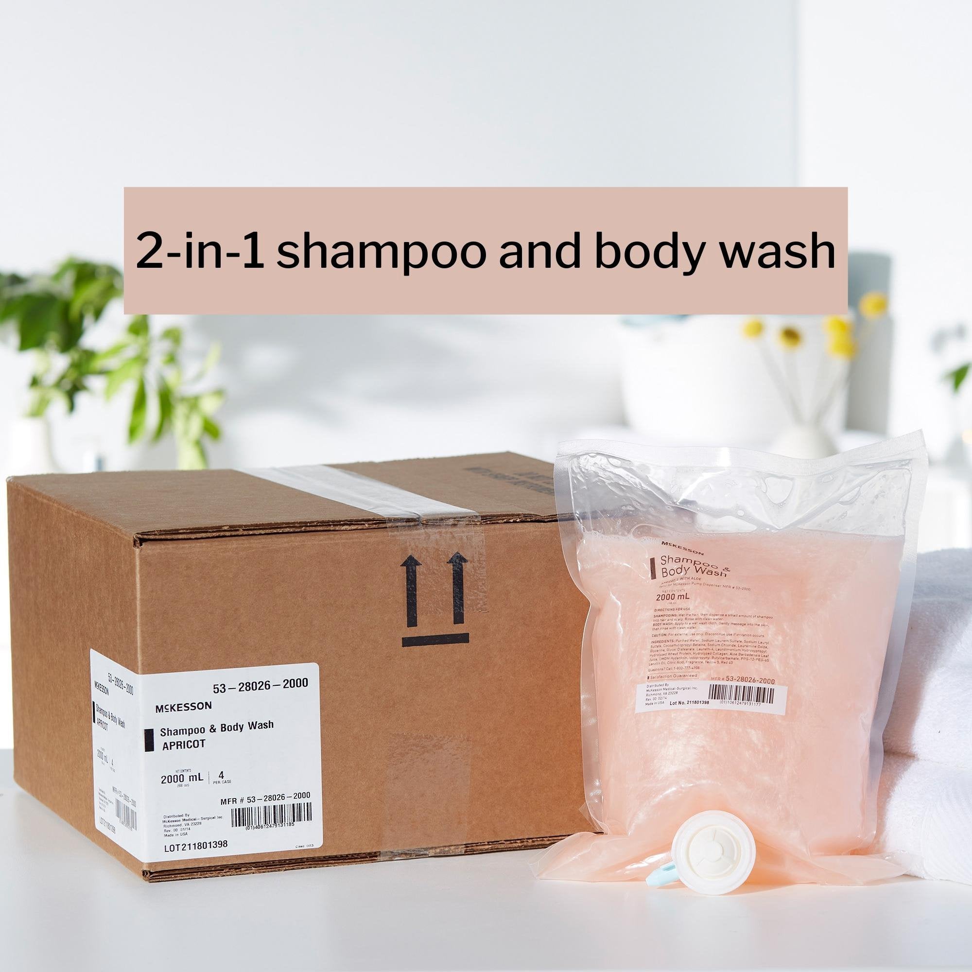 Bolsa de recarga para dispensador de champú y gel de baño McKesson de 2000 ml con aroma a albaricoque. Tipo de embalaje: caja.