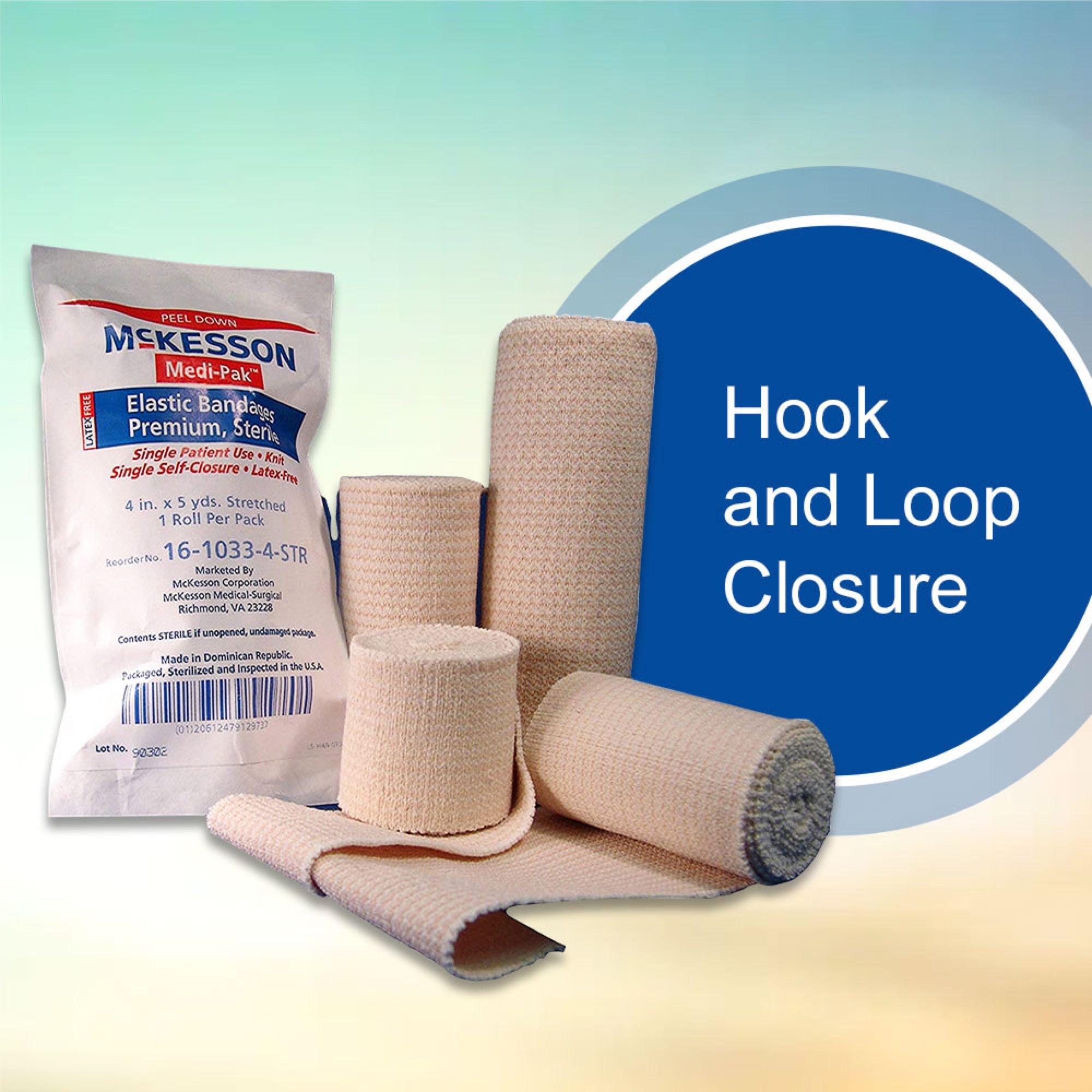 Elastic Bandage McKesson 4 Inch X 5 Yard Single Hook and Loop Closure Tan Sterile Standard Compression, Packaging Type- Case
